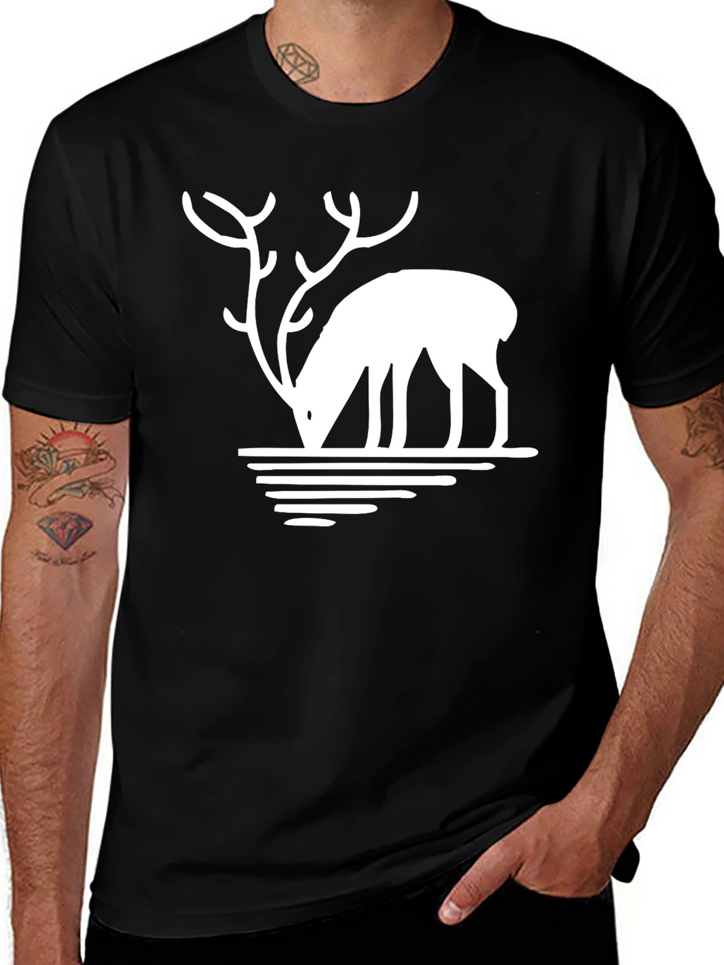 Deer Silhouette Graphic Tee - Black Casual T-Shirt