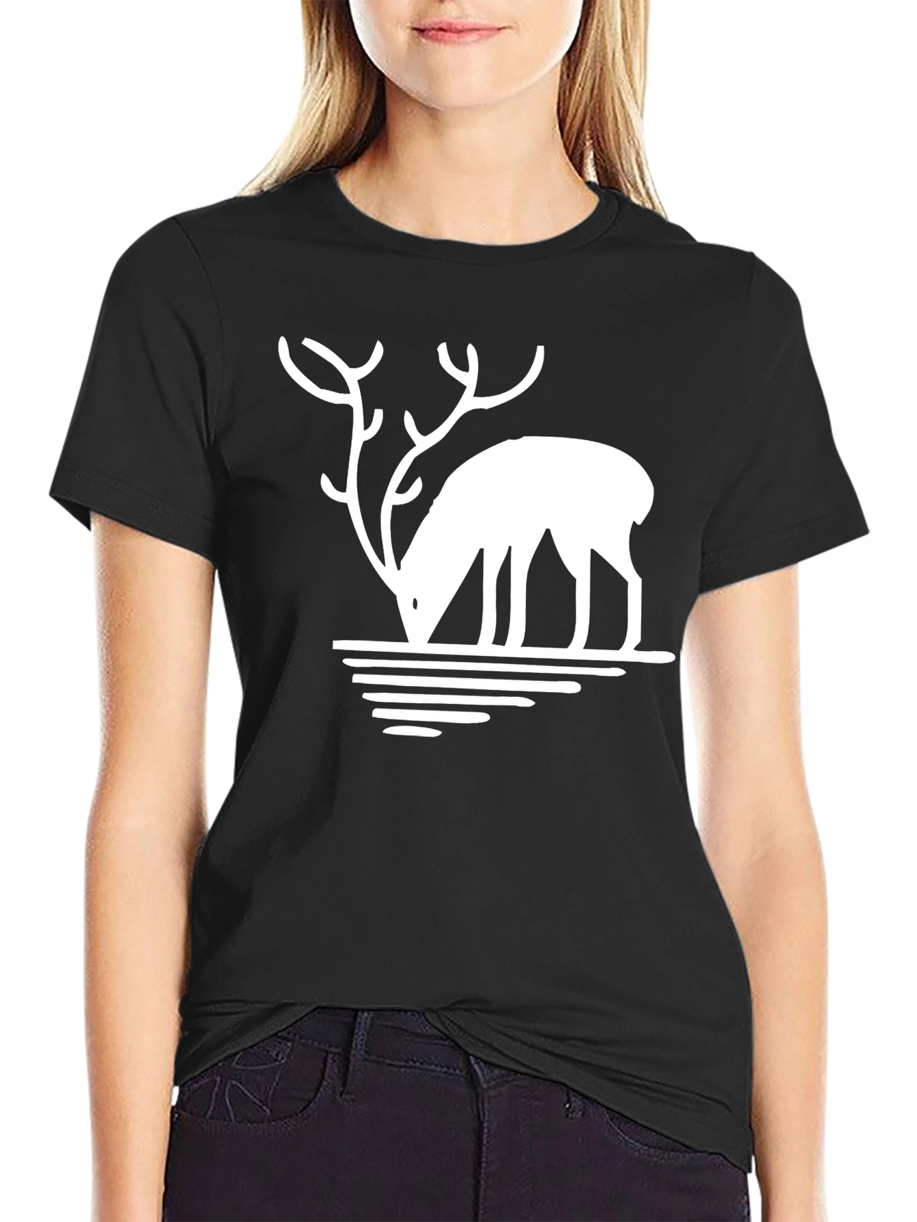 Deer Silhouette Graphic Tee - Black Casual T-Shirt