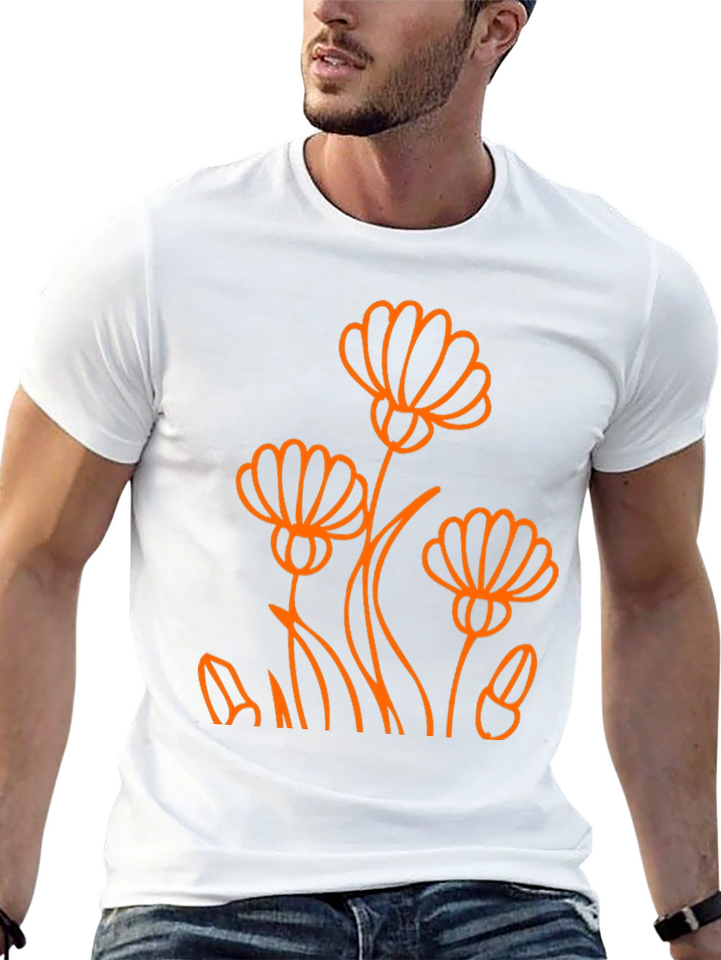 Black Tee with Orange Flower Design