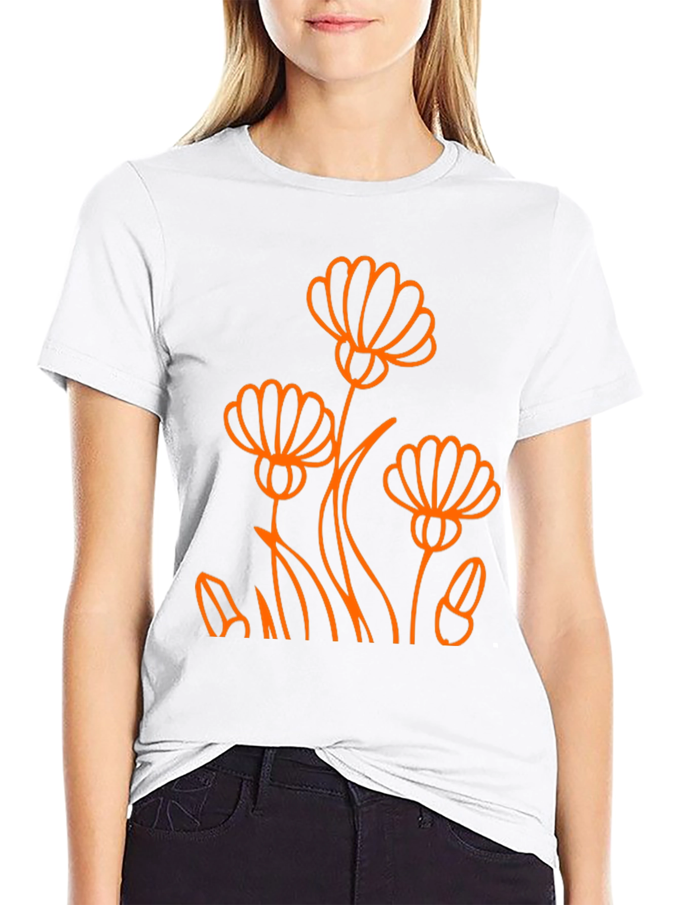 Black Tee with Orange Flower Design