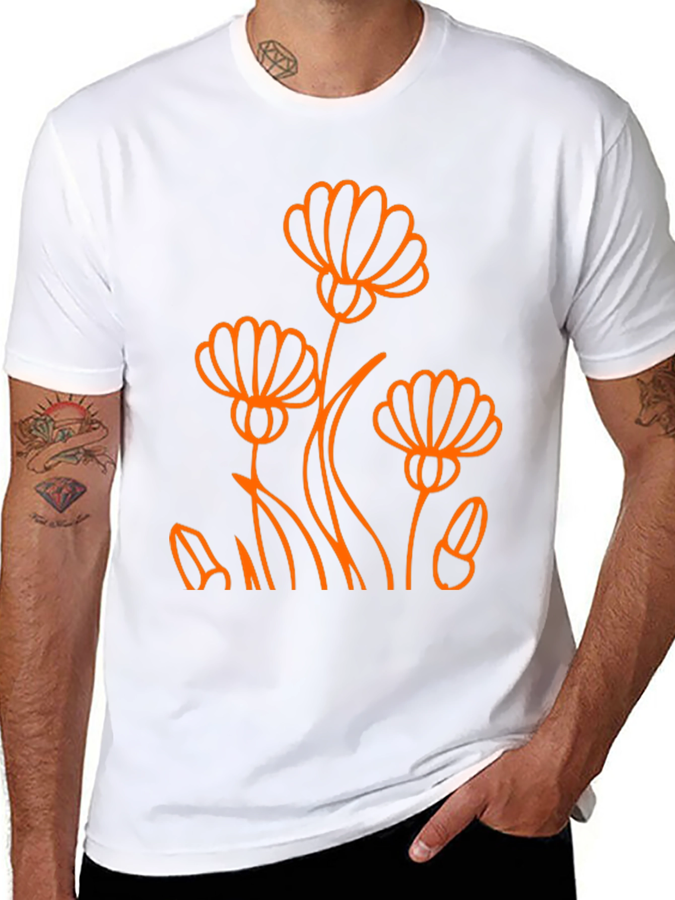Black Tee with Orange Flower Design