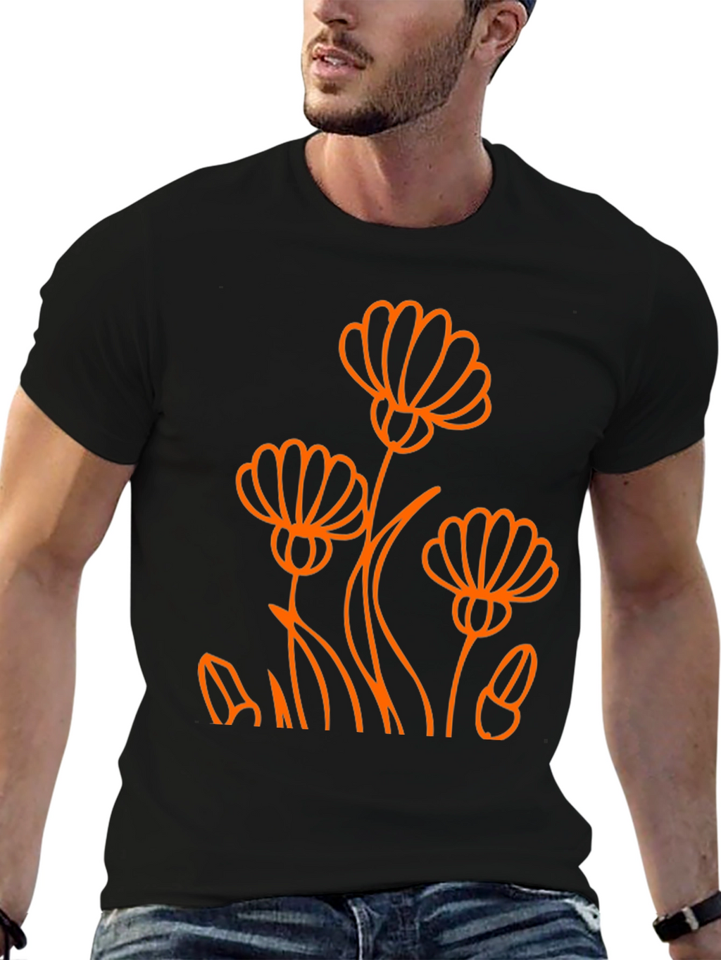Black Tee with Orange Flower Design
