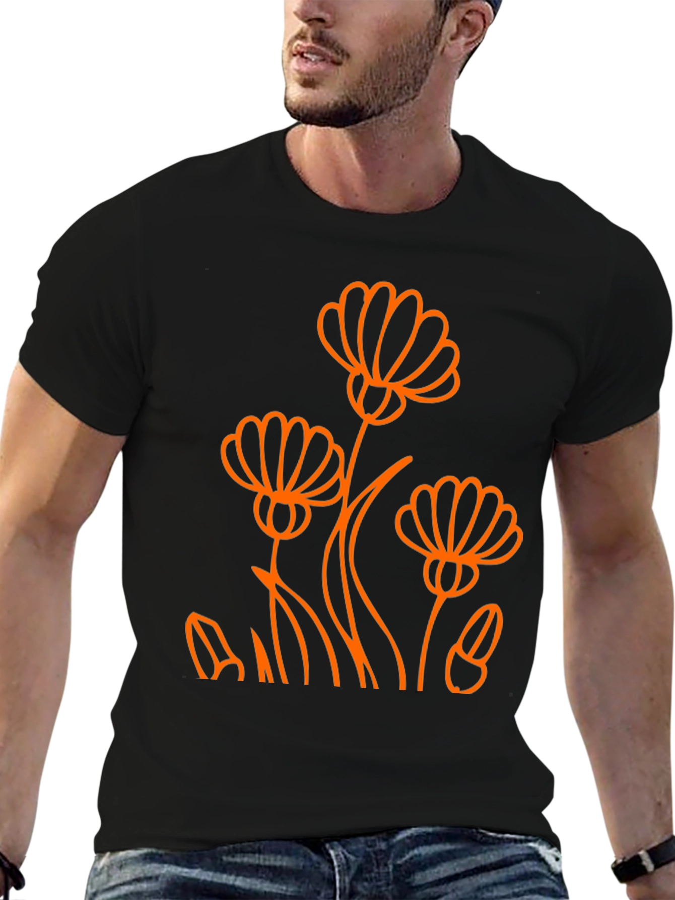 Black Tee with Orange Flower Design