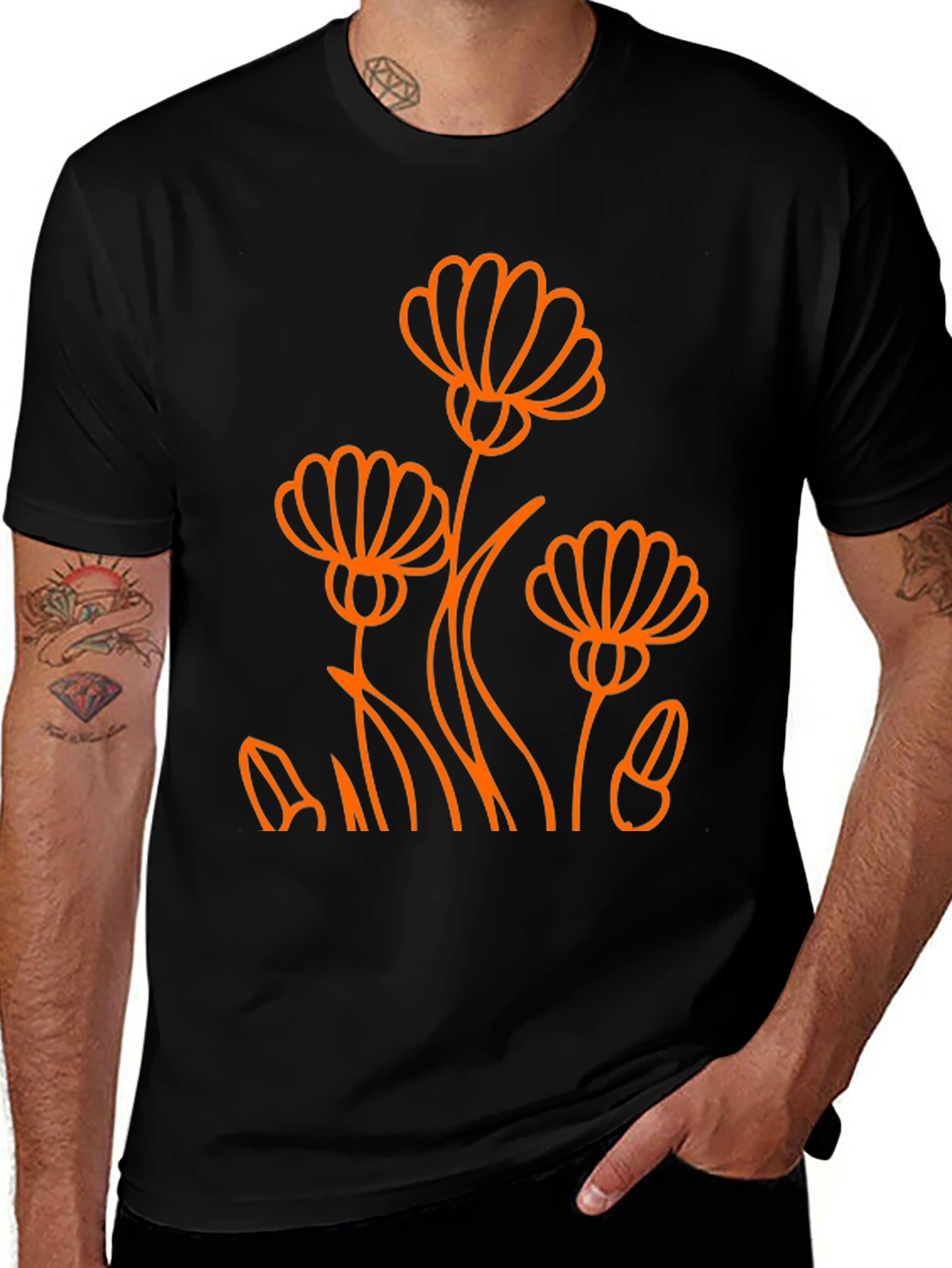 Black Tee with Orange Flower Design