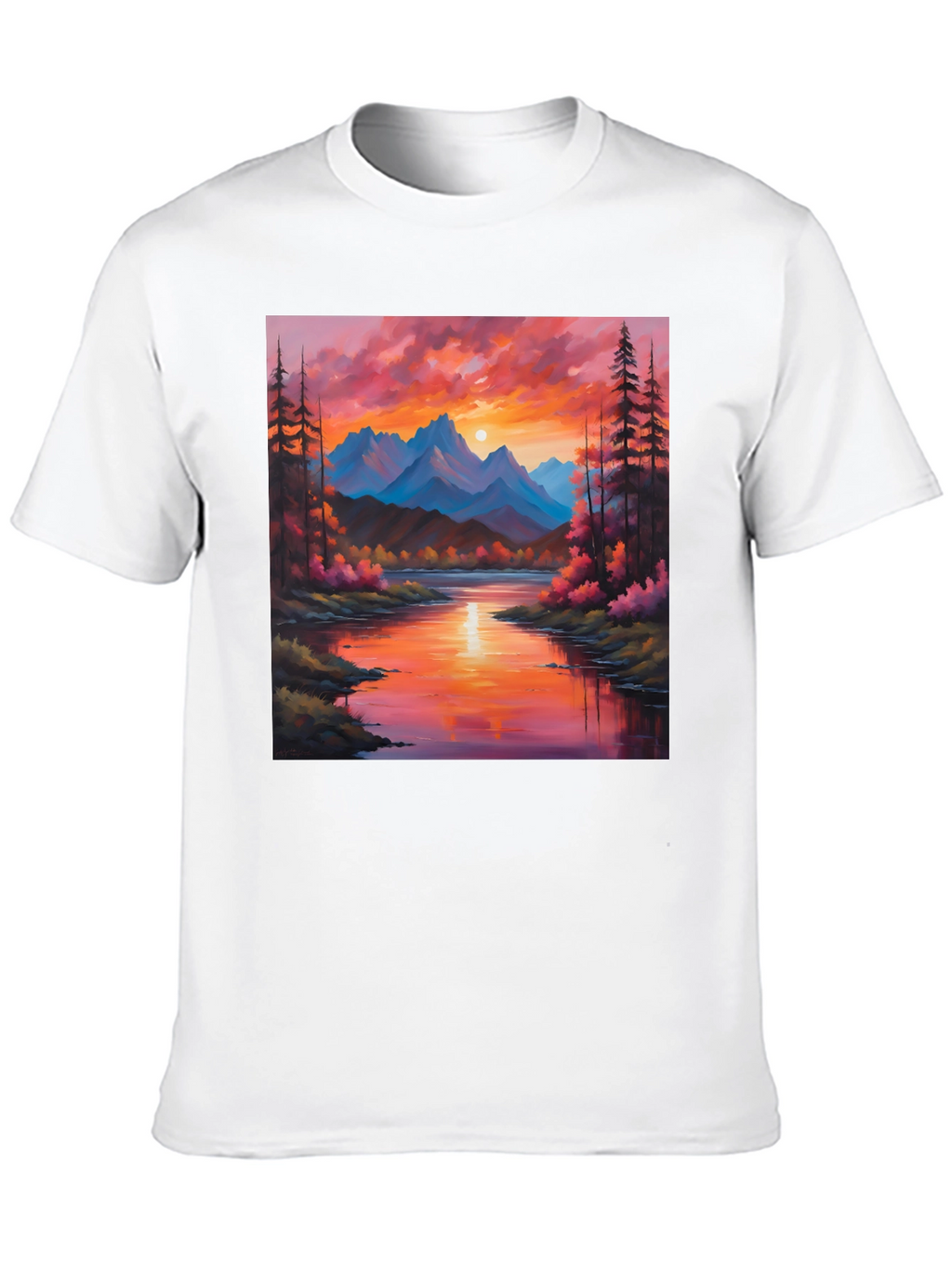 Sunset Mountain River Painting Graphic Tee