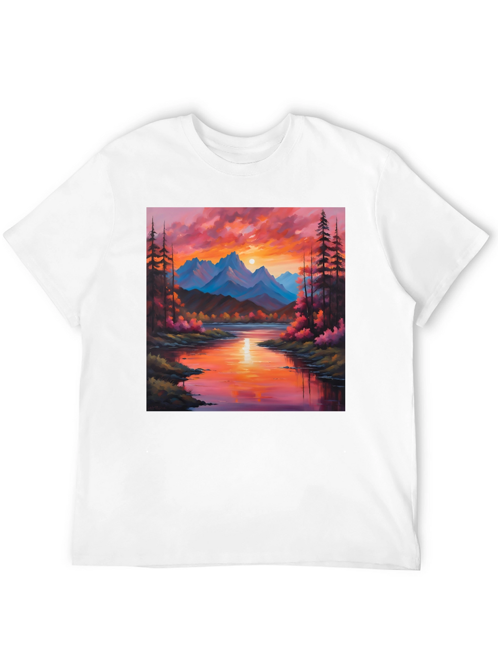 Sunset Mountain River Painting Graphic Tee