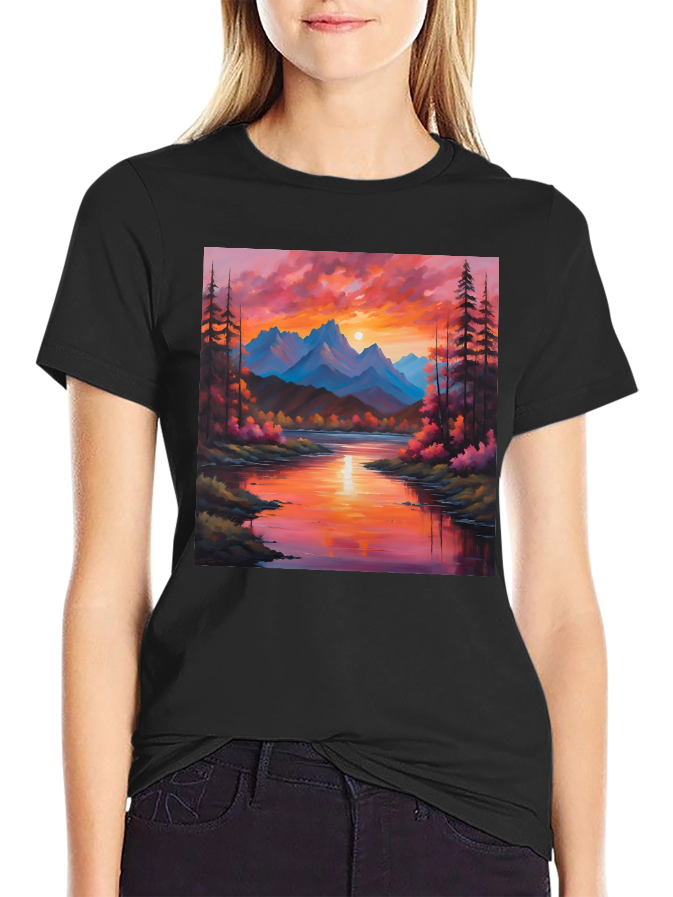 Sunset Mountain River Painting Graphic Tee