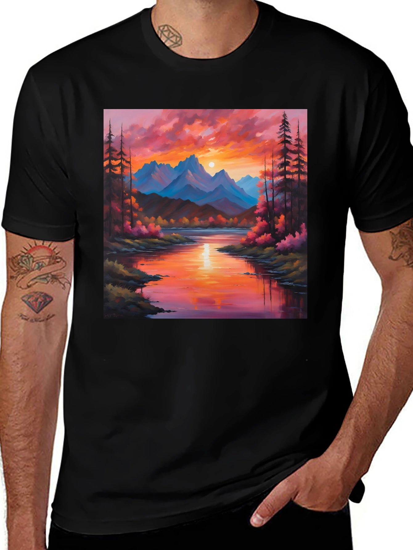 Sunset Mountain River Painting Graphic Tee