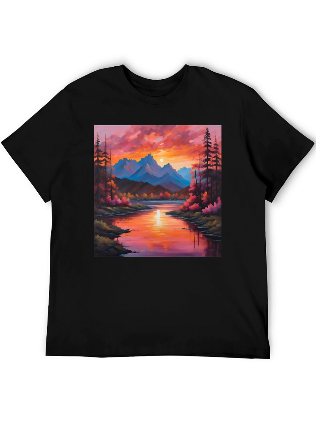 Sunset Mountain River Painting Graphic Tee