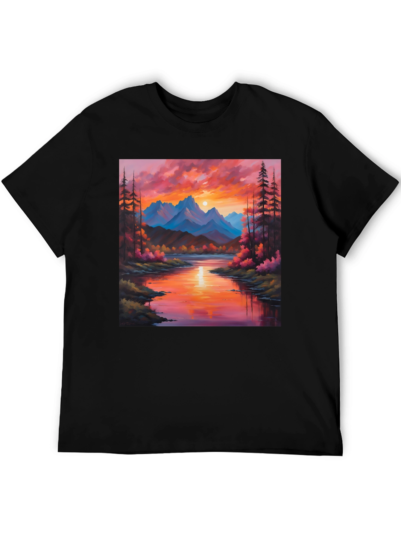 Sunset Mountain River Painting Graphic Tee