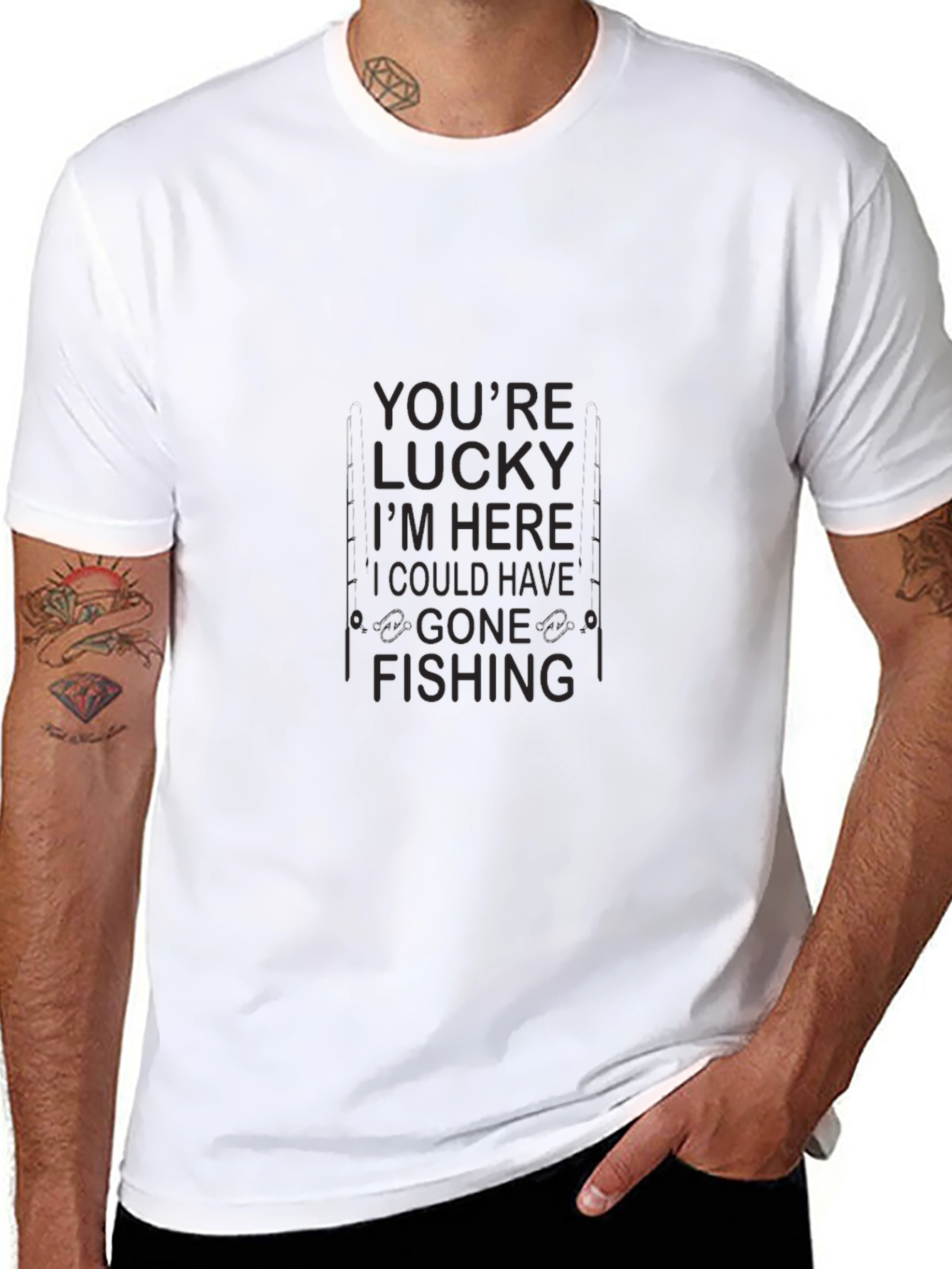 Funny Fishing T-Shirt - Lucky Im Here Design