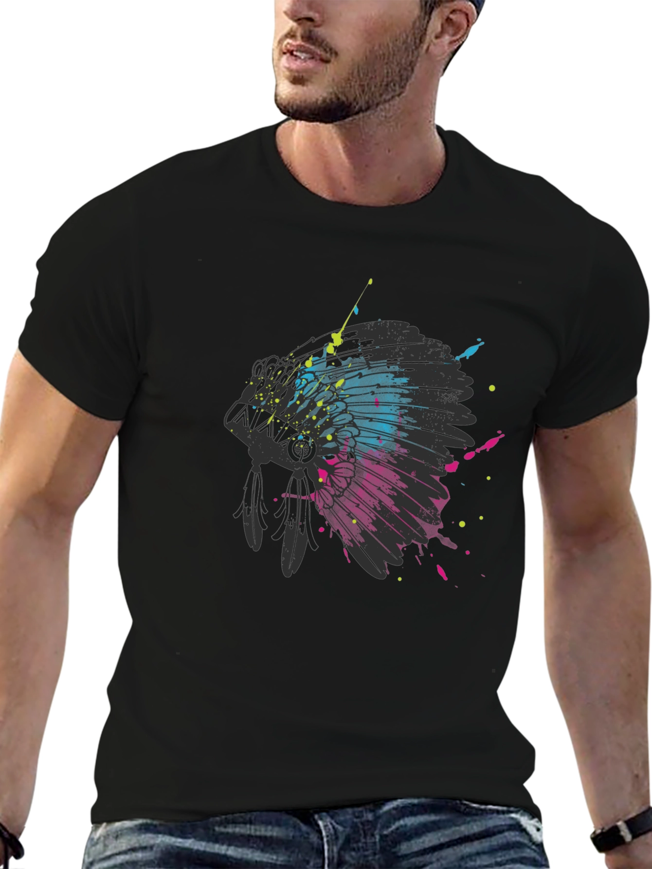Abstract Headdress Graphic Tee - Black