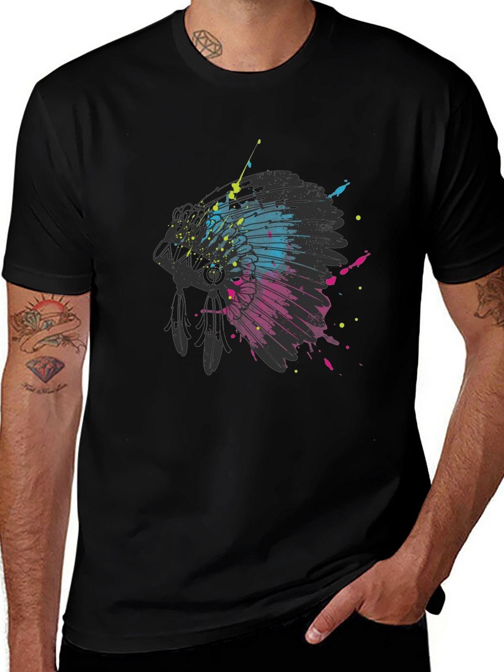 Abstract Headdress Graphic Tee - Black