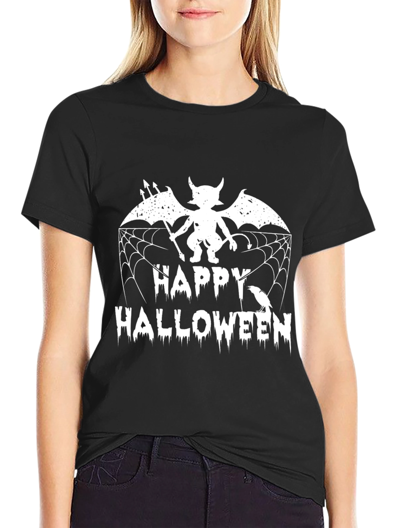 Happy Halloween Graphic Tee - Devil Bat & Spiderweb