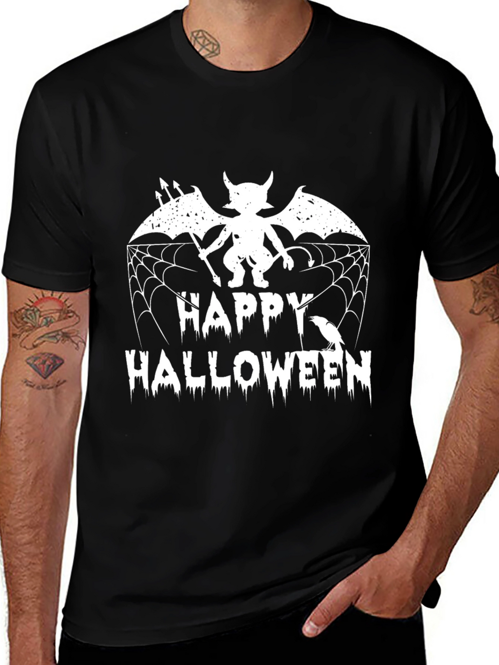Happy Halloween Graphic Tee - Devil Bat & Spiderweb