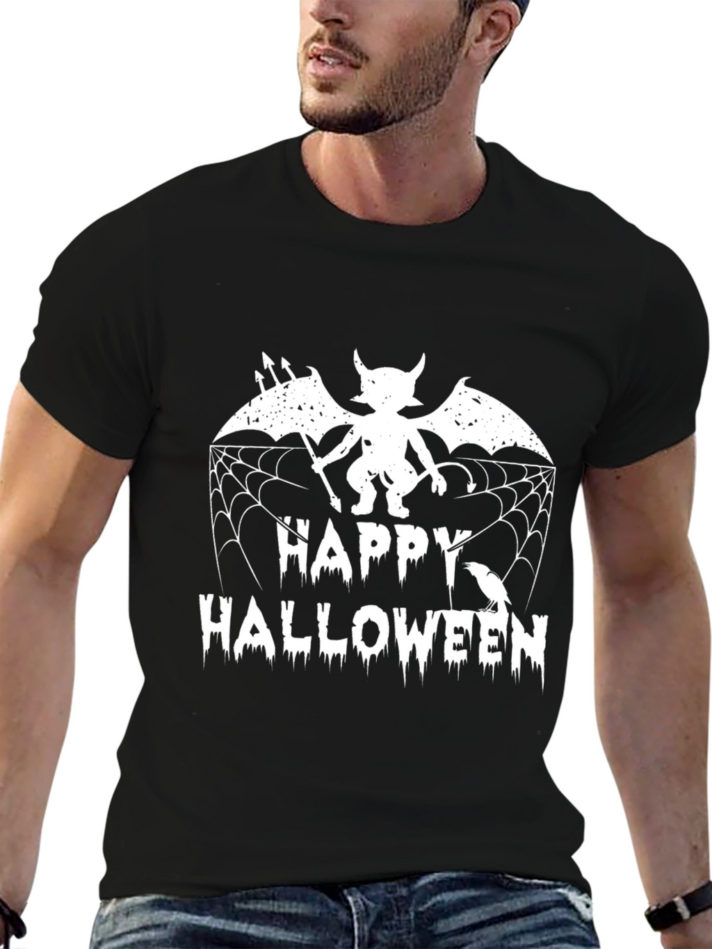 Happy Halloween Graphic Tee - Devil Bat & Spiderweb
