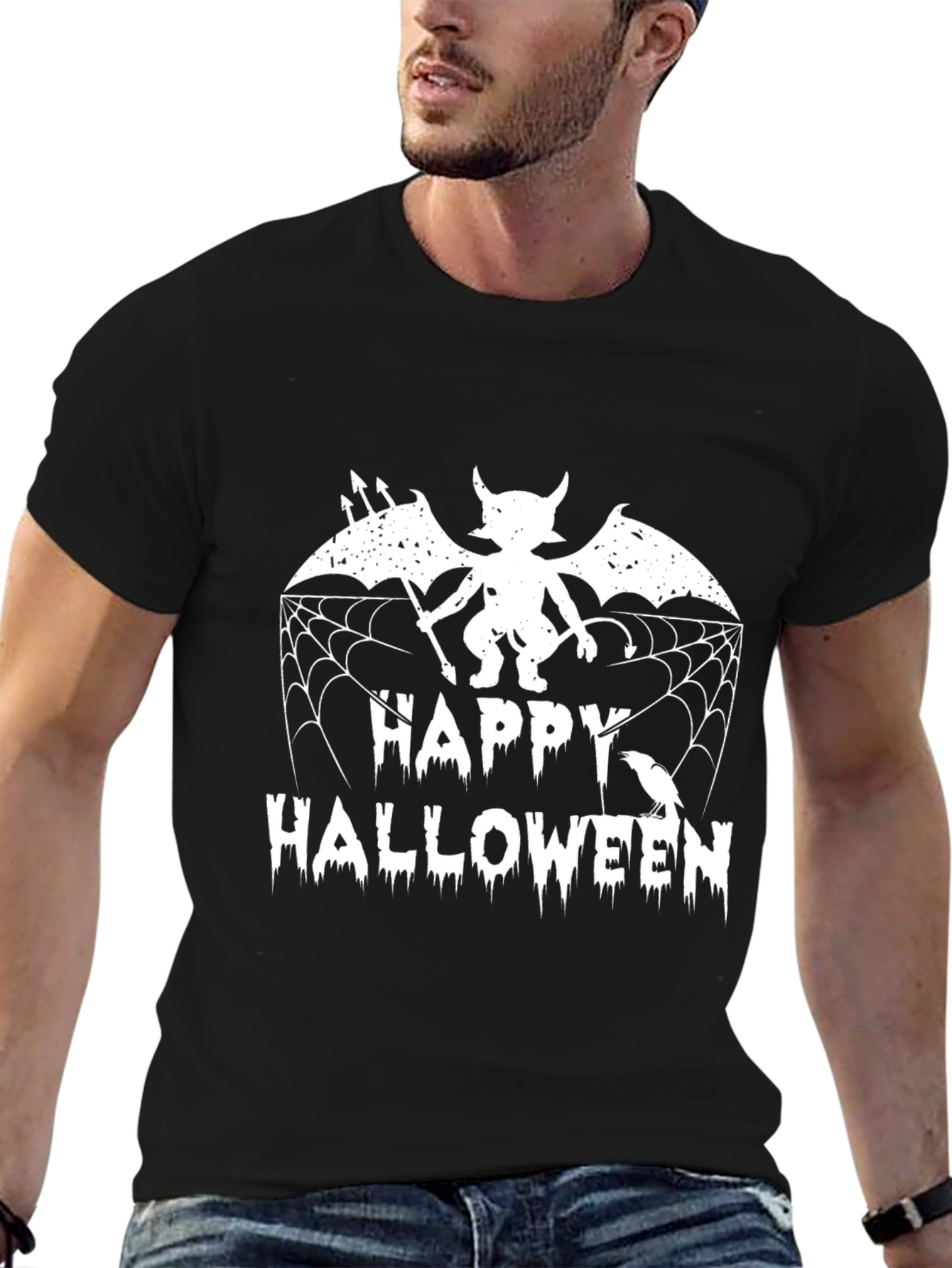 Happy Halloween Graphic Tee - Devil Bat & Spiderweb