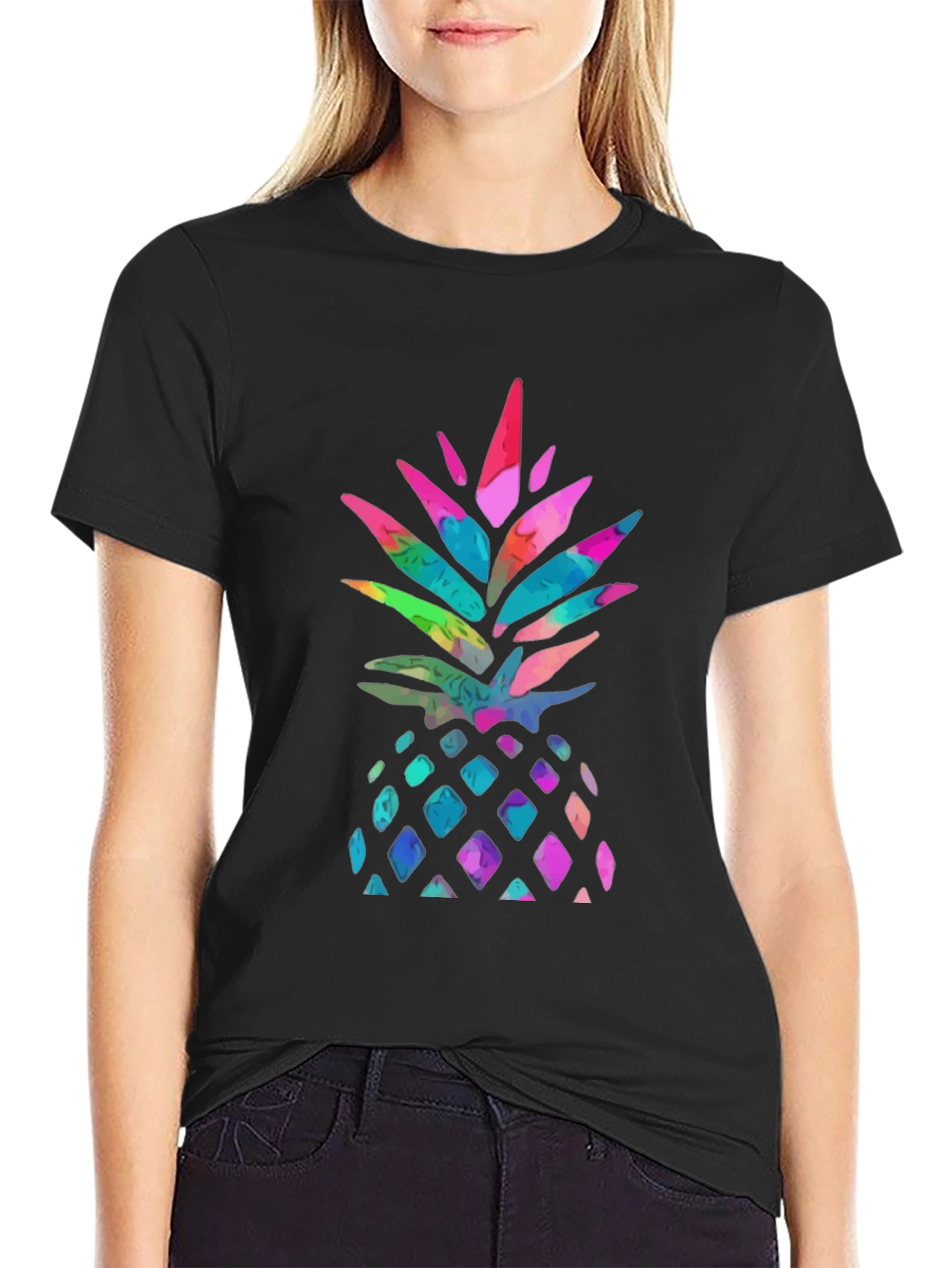 Watercolor Pineapple Graphic Black T-Shirt