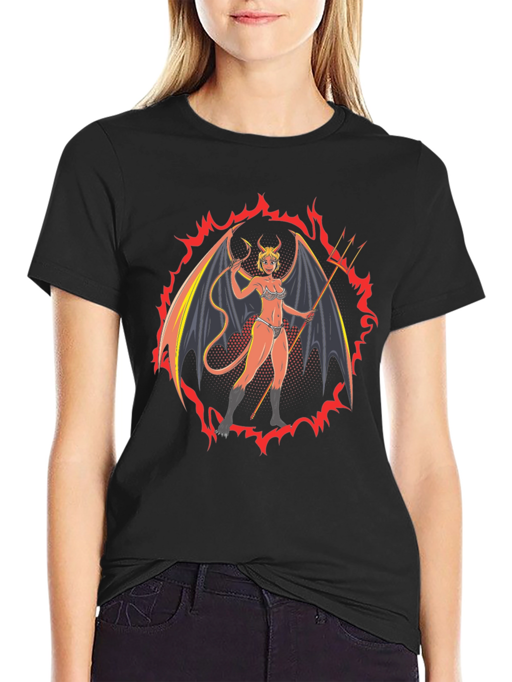Devil Woman Graphic Print Black T-Shirt