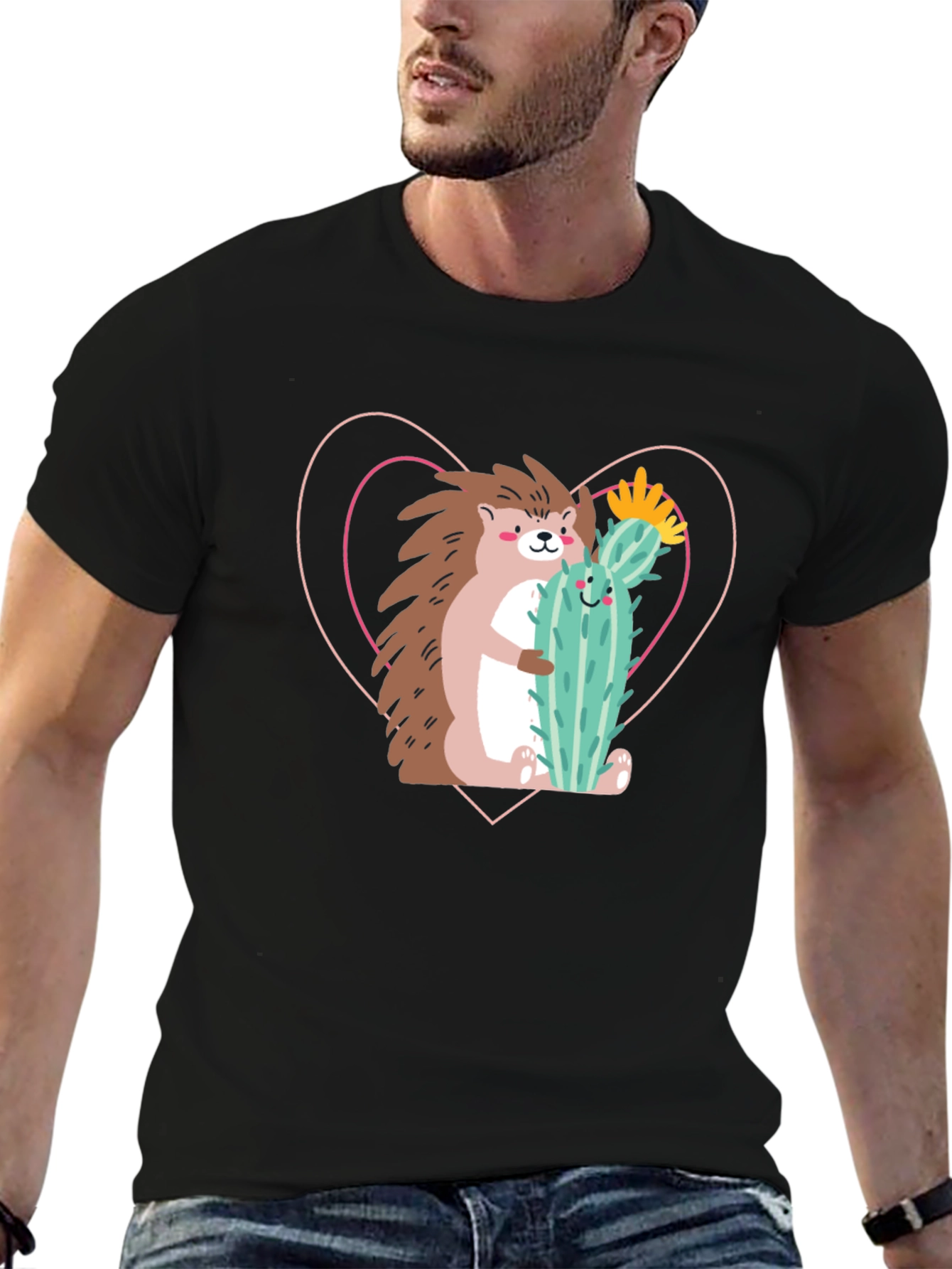 Hedgehog Hug Cactus T-Shirt - Unisex Crew Neck