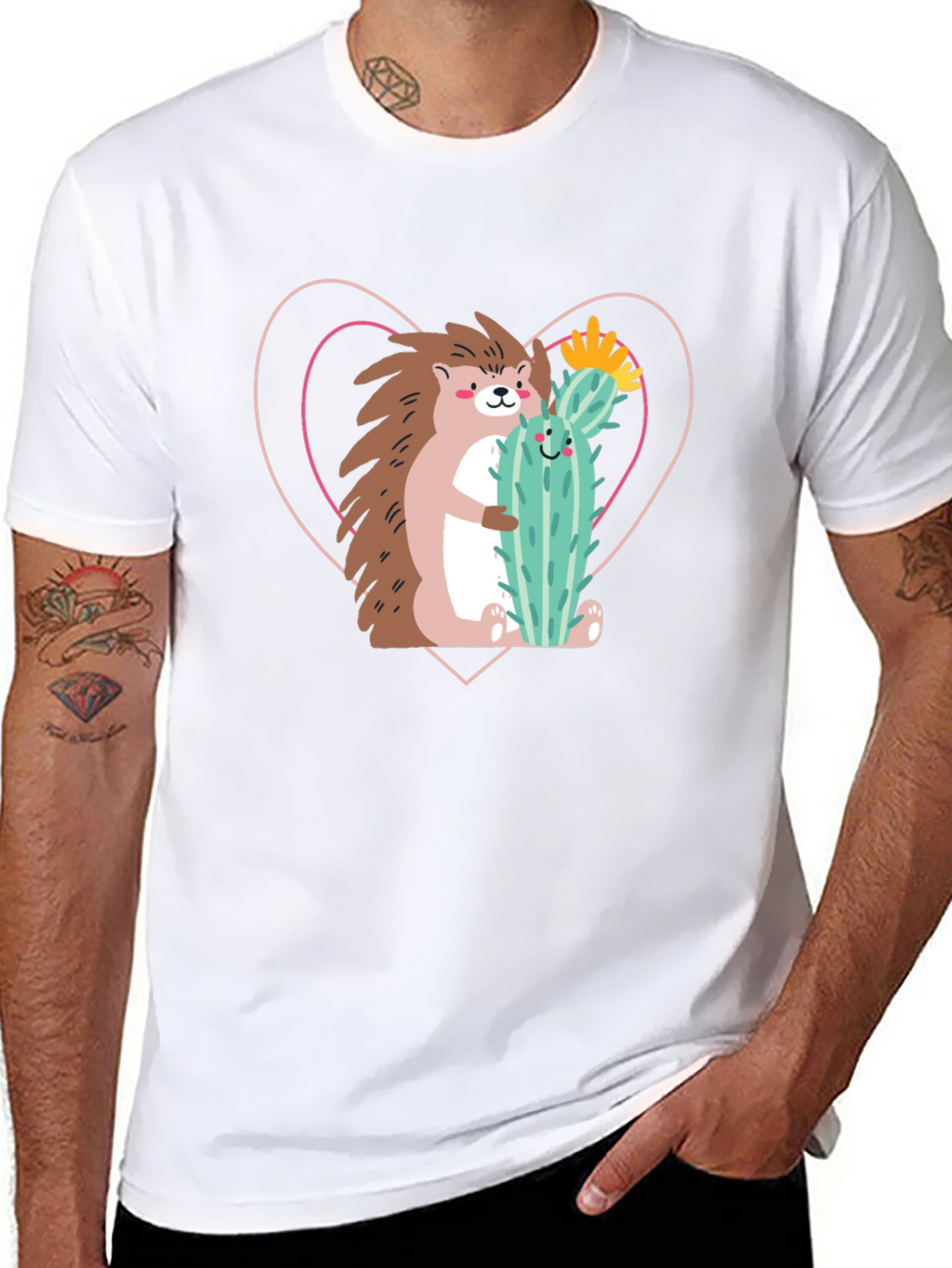Hedgehog Hug Cactus T-Shirt - Unisex Crew Neck