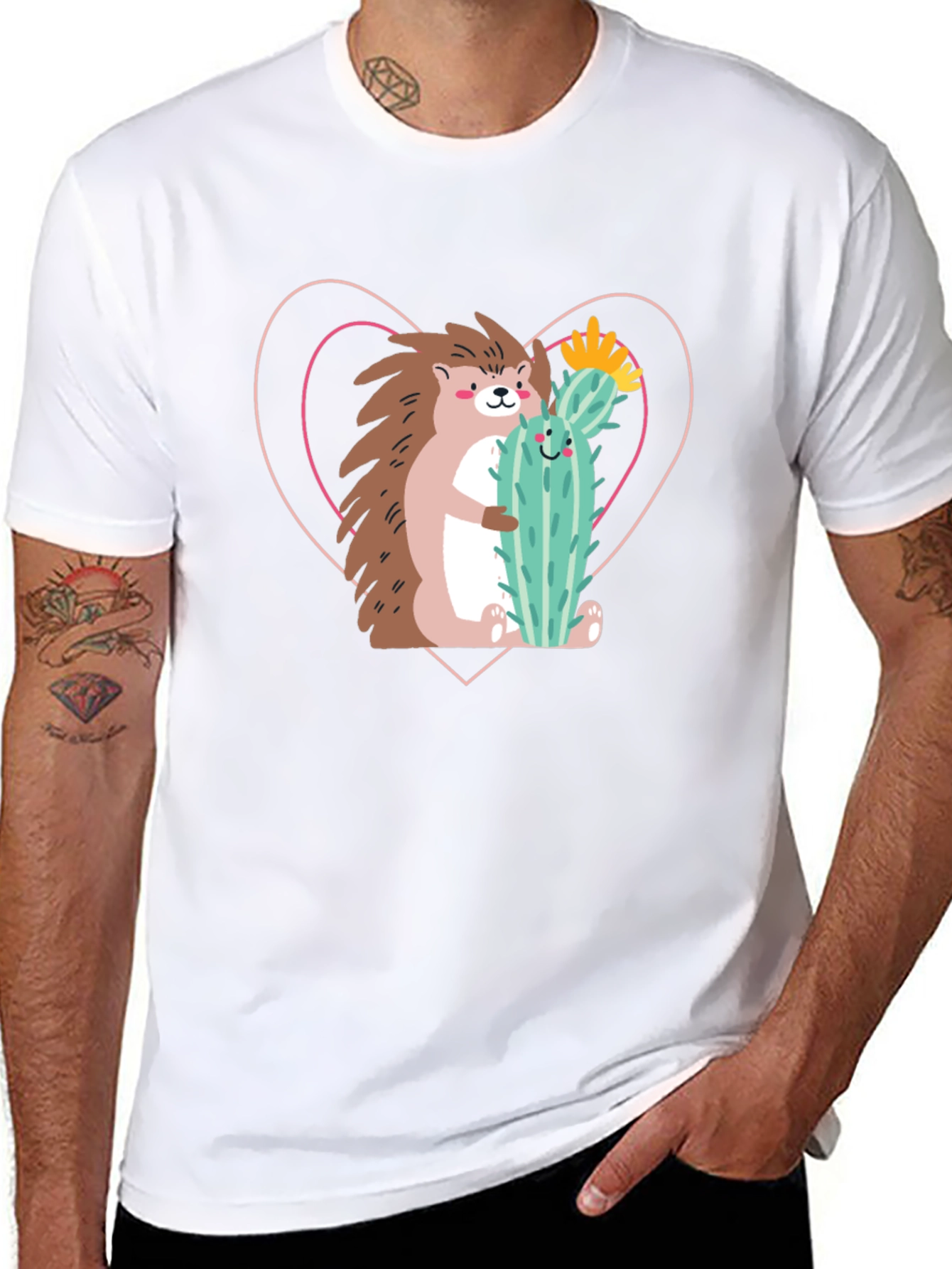 Hedgehog Hug Cactus T-Shirt - Unisex Crew Neck