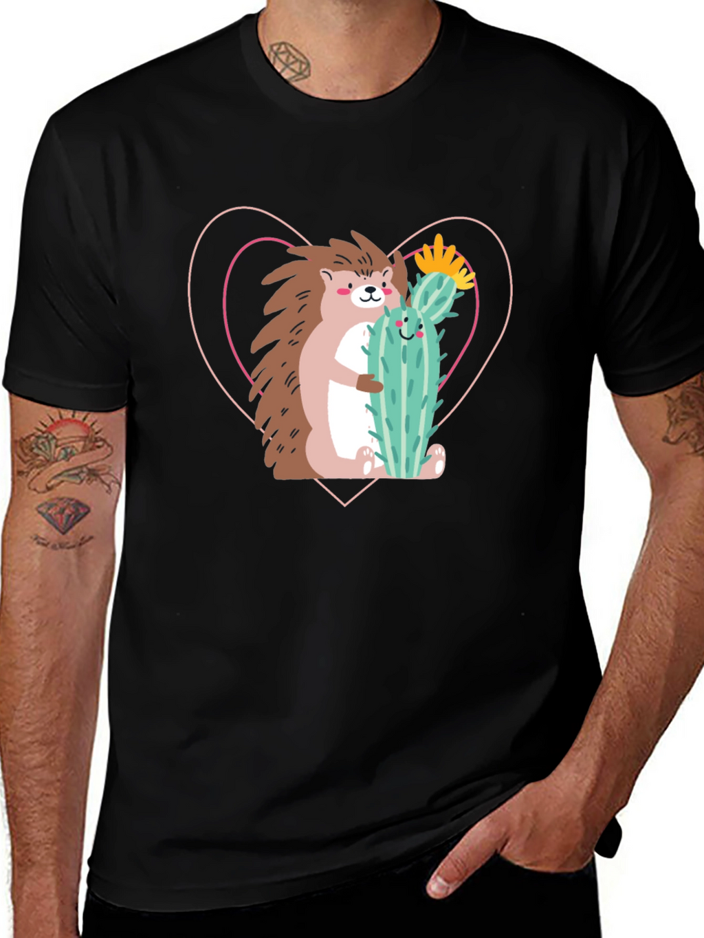 Hedgehog Hug Cactus T-Shirt - Unisex Crew Neck