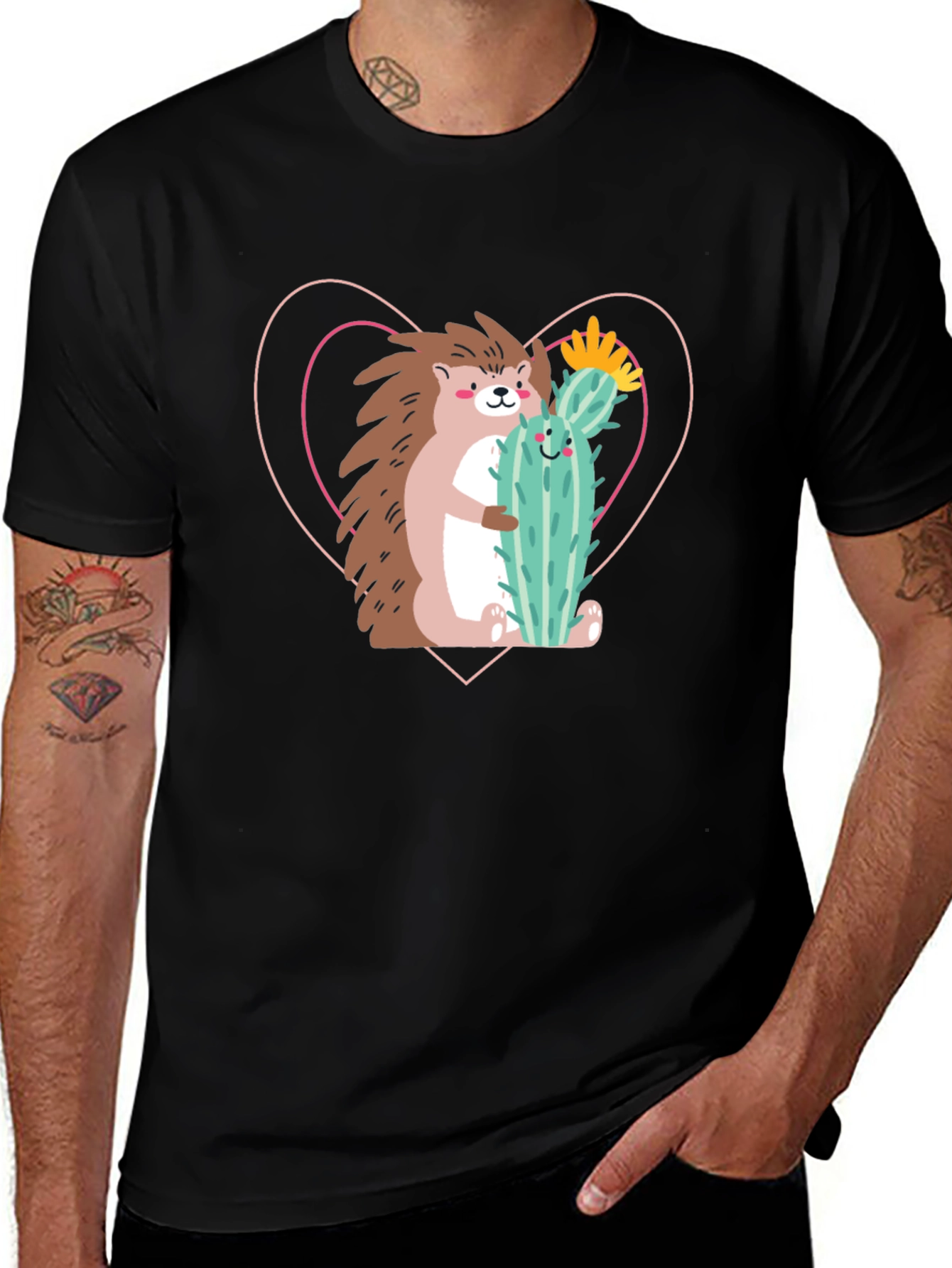 Hedgehog Hug Cactus T-Shirt - Unisex Crew Neck