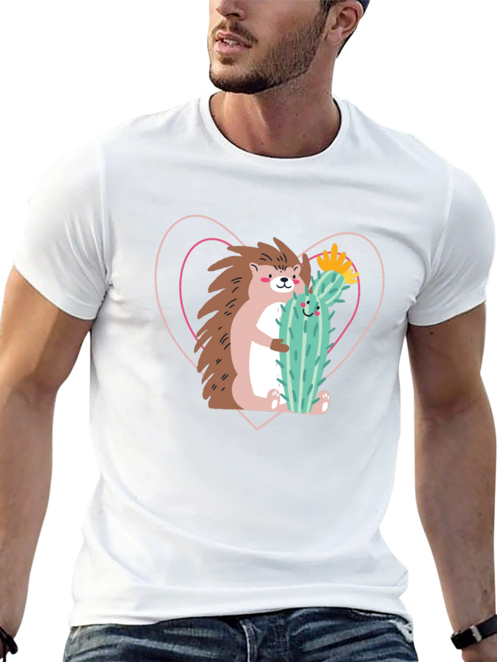 Hedgehog Hug Cactus T-Shirt - Unisex Crew Neck