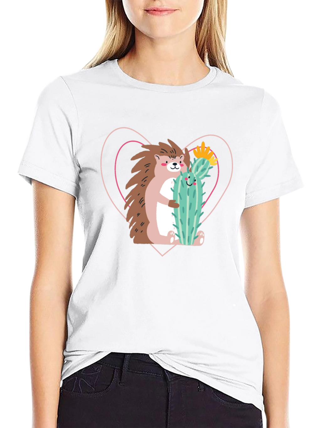 Hedgehog Hug Cactus T-Shirt - Unisex Crew Neck