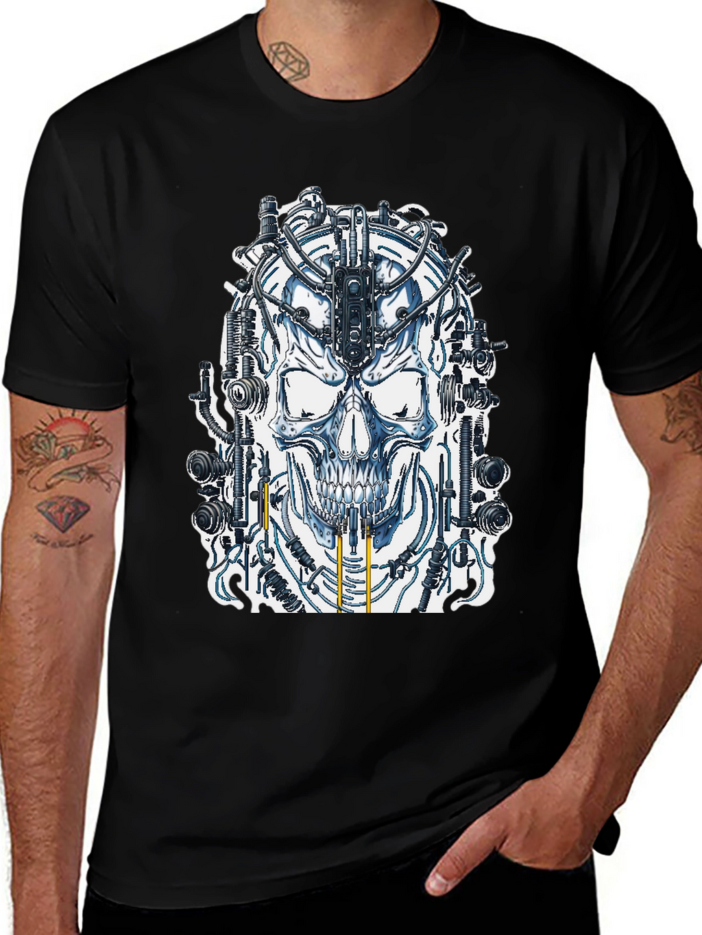 Cyberpunk Skull Graphic Tee - Black Cotton T-Shirt
