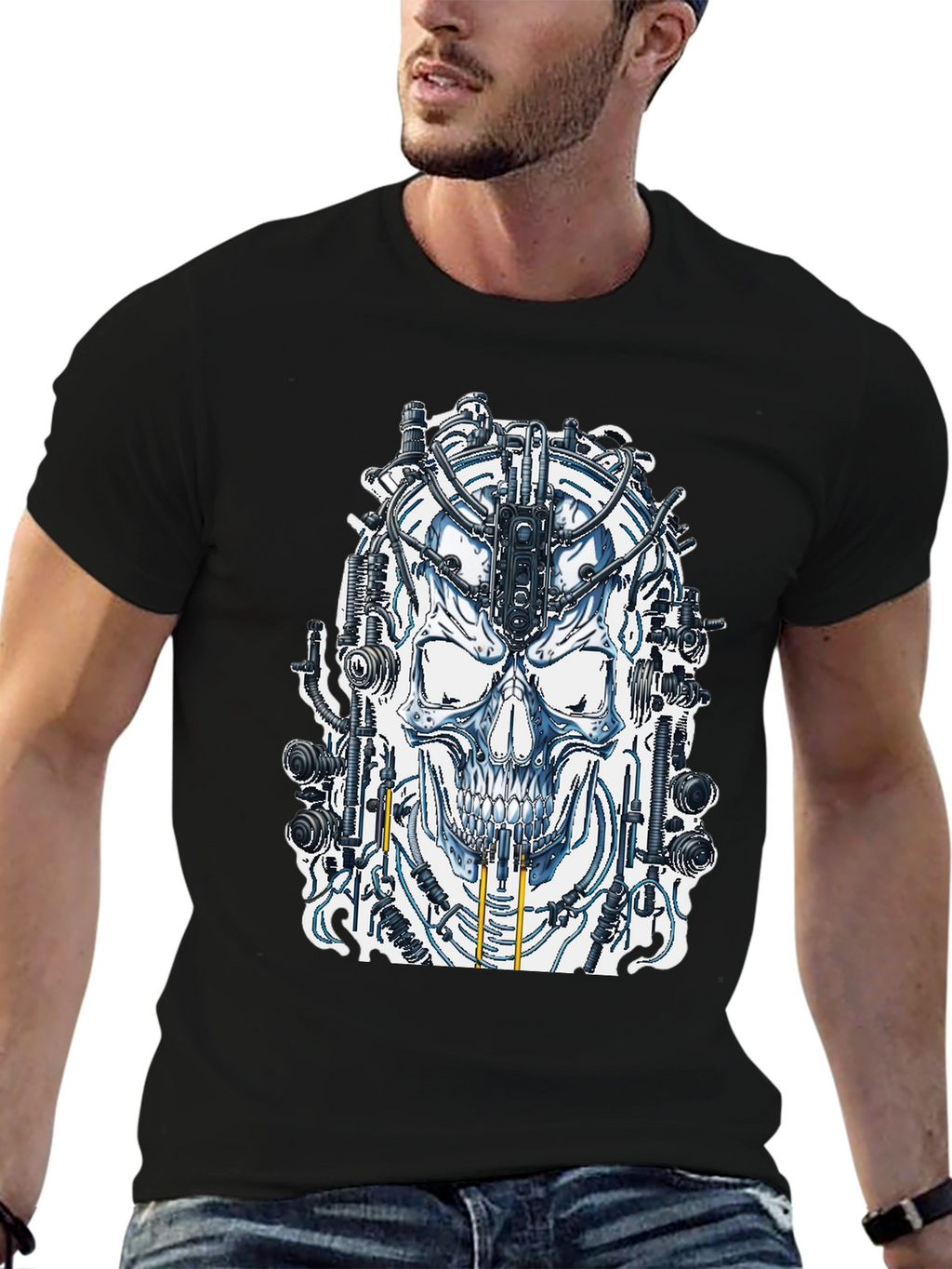 Cyberpunk Skull Graphic Tee - Black Cotton T-Shirt