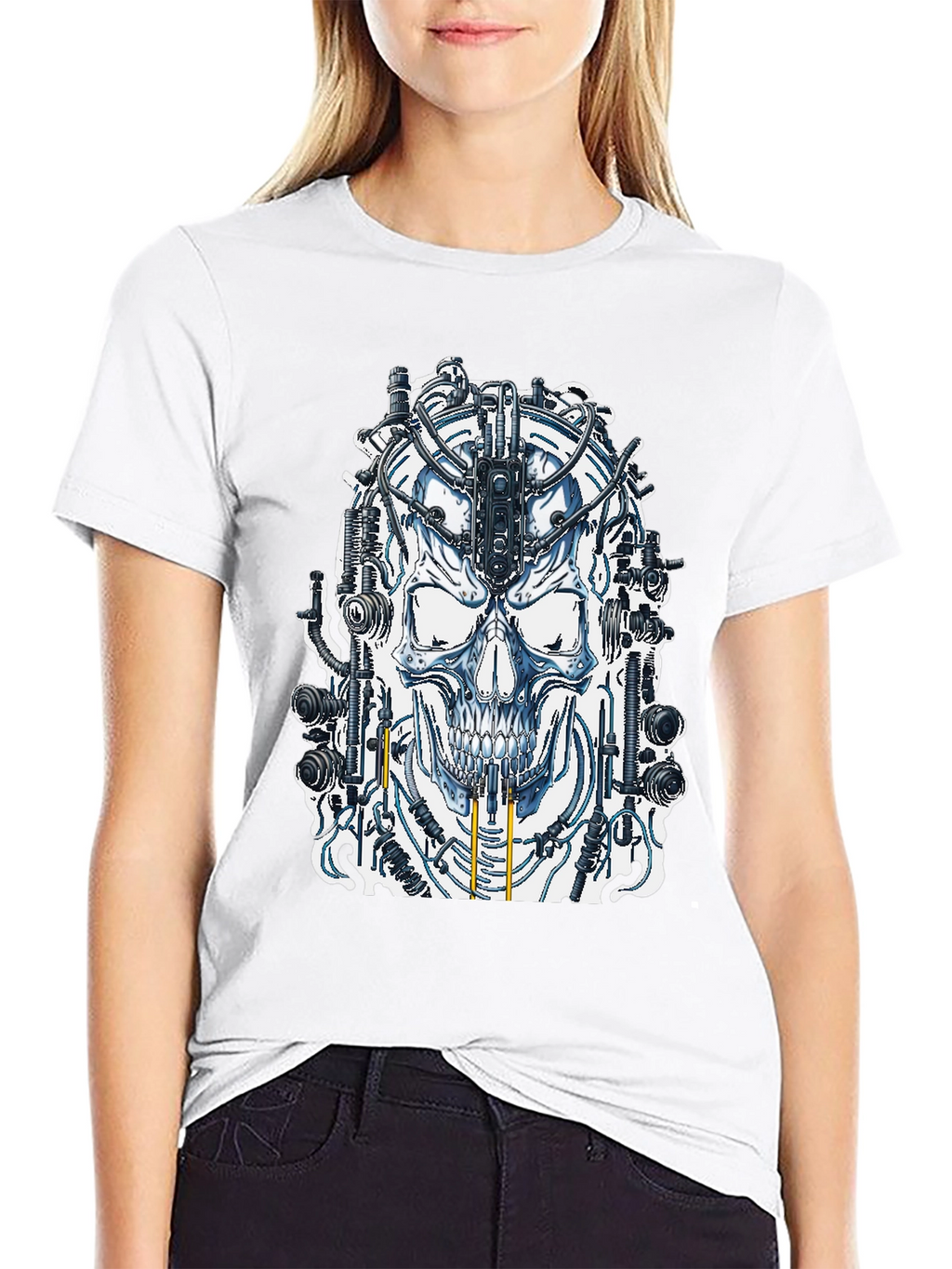 Cyberpunk Skull Graphic Tee - Black Cotton T-Shirt