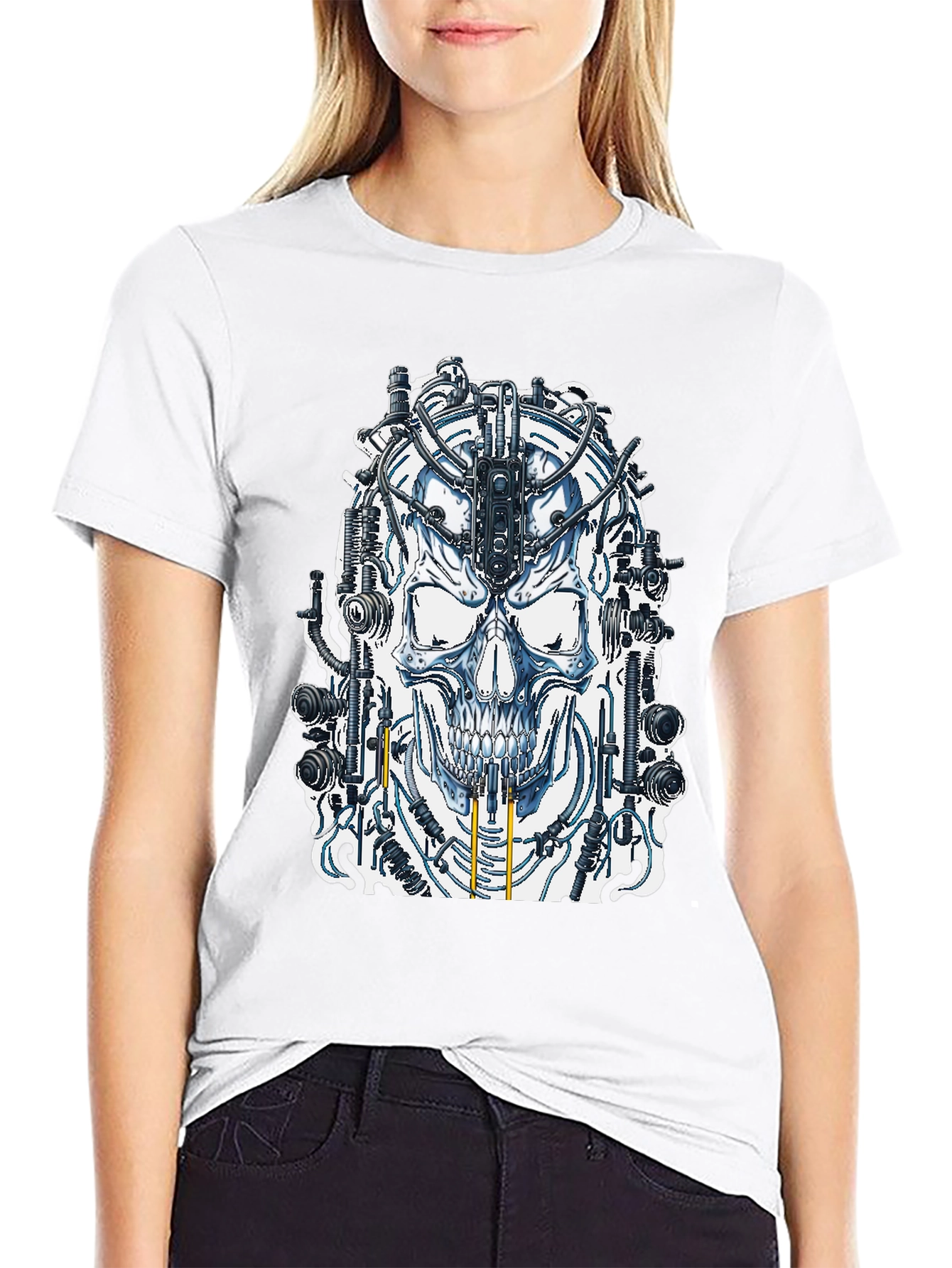 Cyberpunk Skull Graphic Tee - Black Cotton T-Shirt