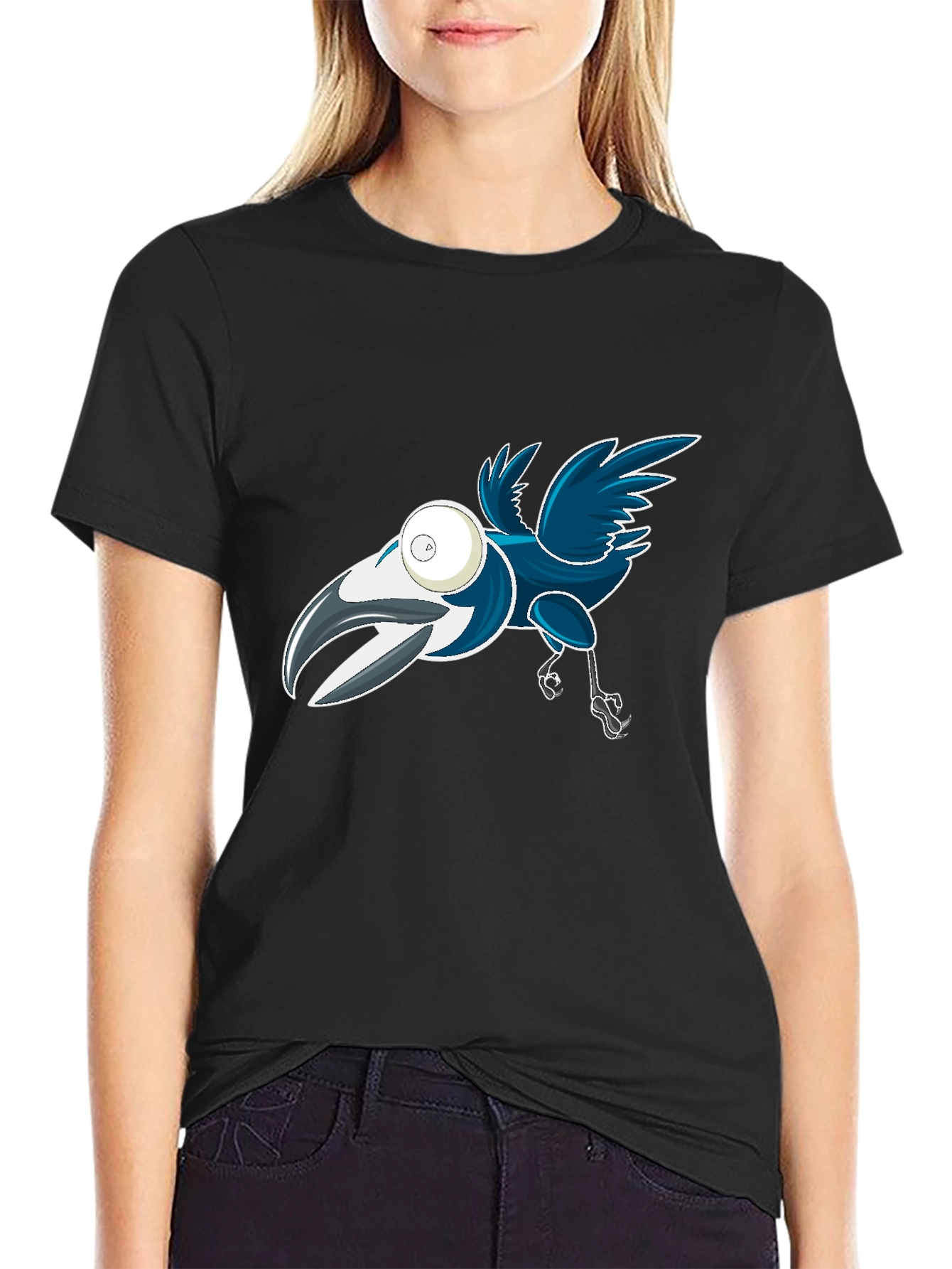 Cartoon Crow Graphic Tee - Black
