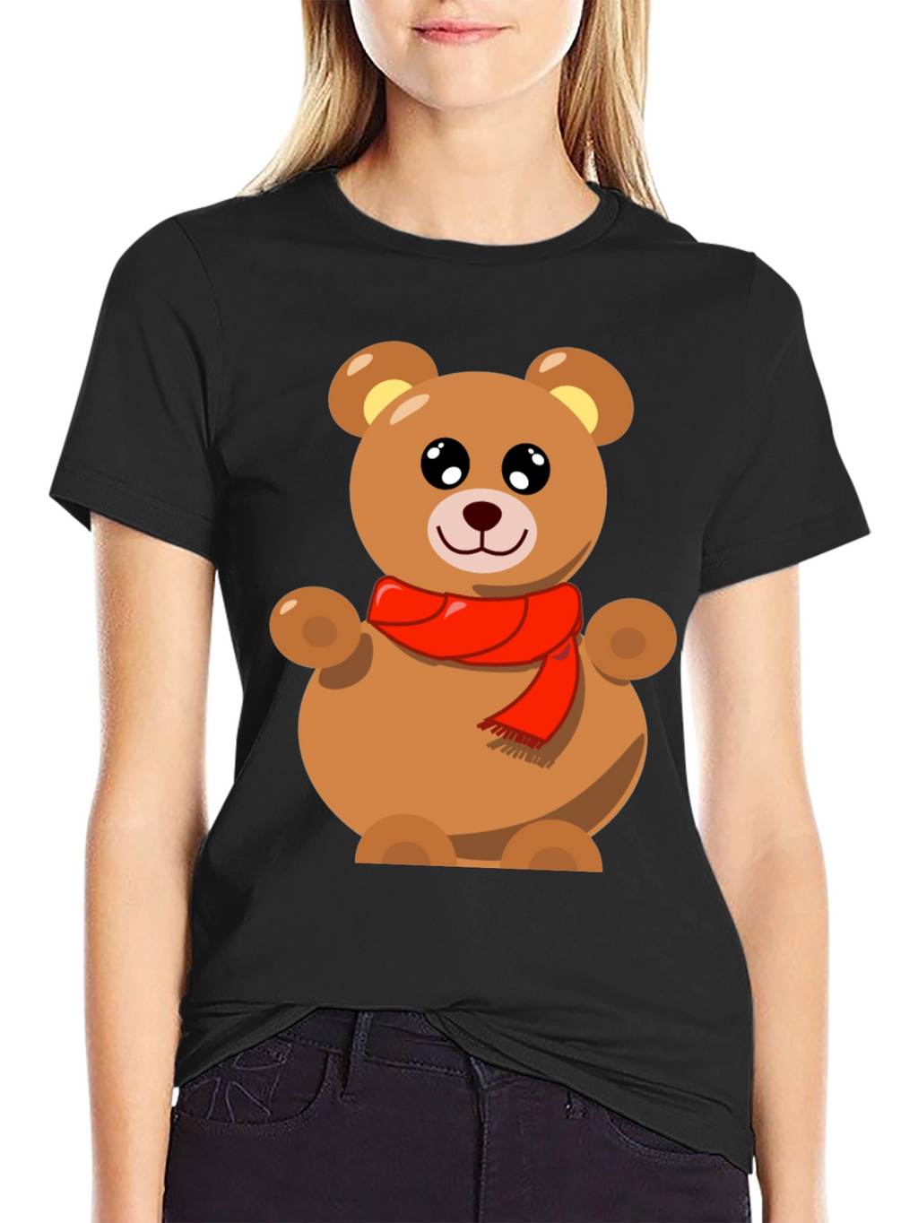 Cute Teddy Bear Graphic Tee - Black