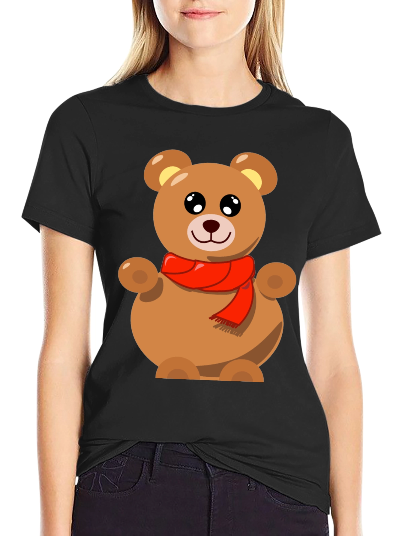 Cute Teddy Bear Graphic Tee - Black