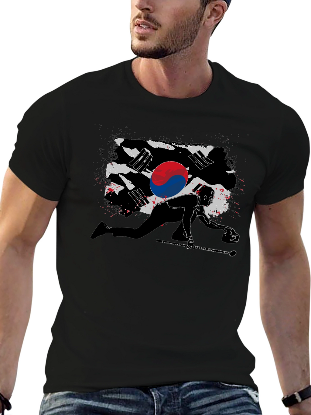 Korean Curling Flag Black T-Shirt