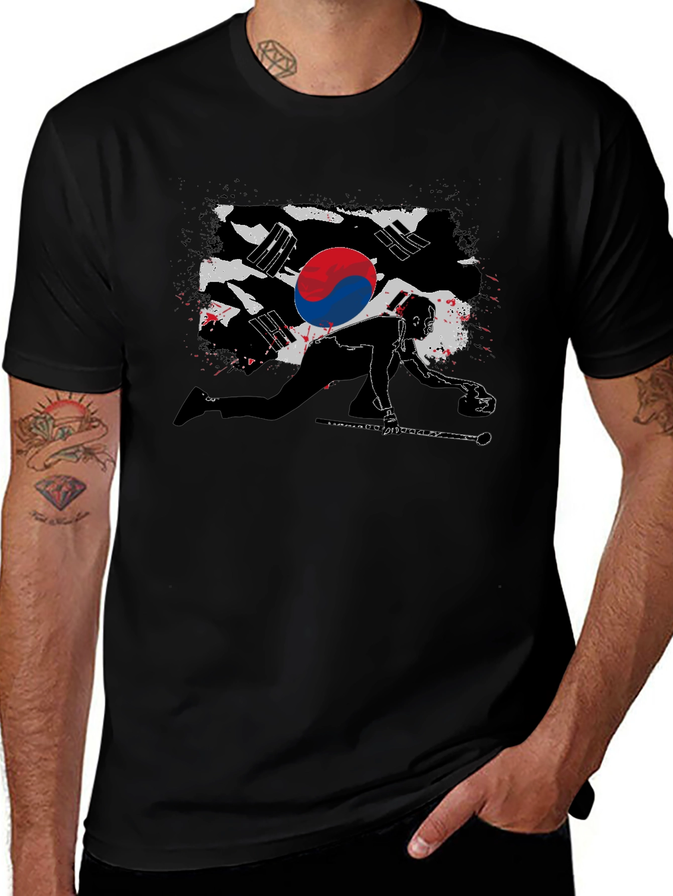 Korean Curling Flag Black T-Shirt