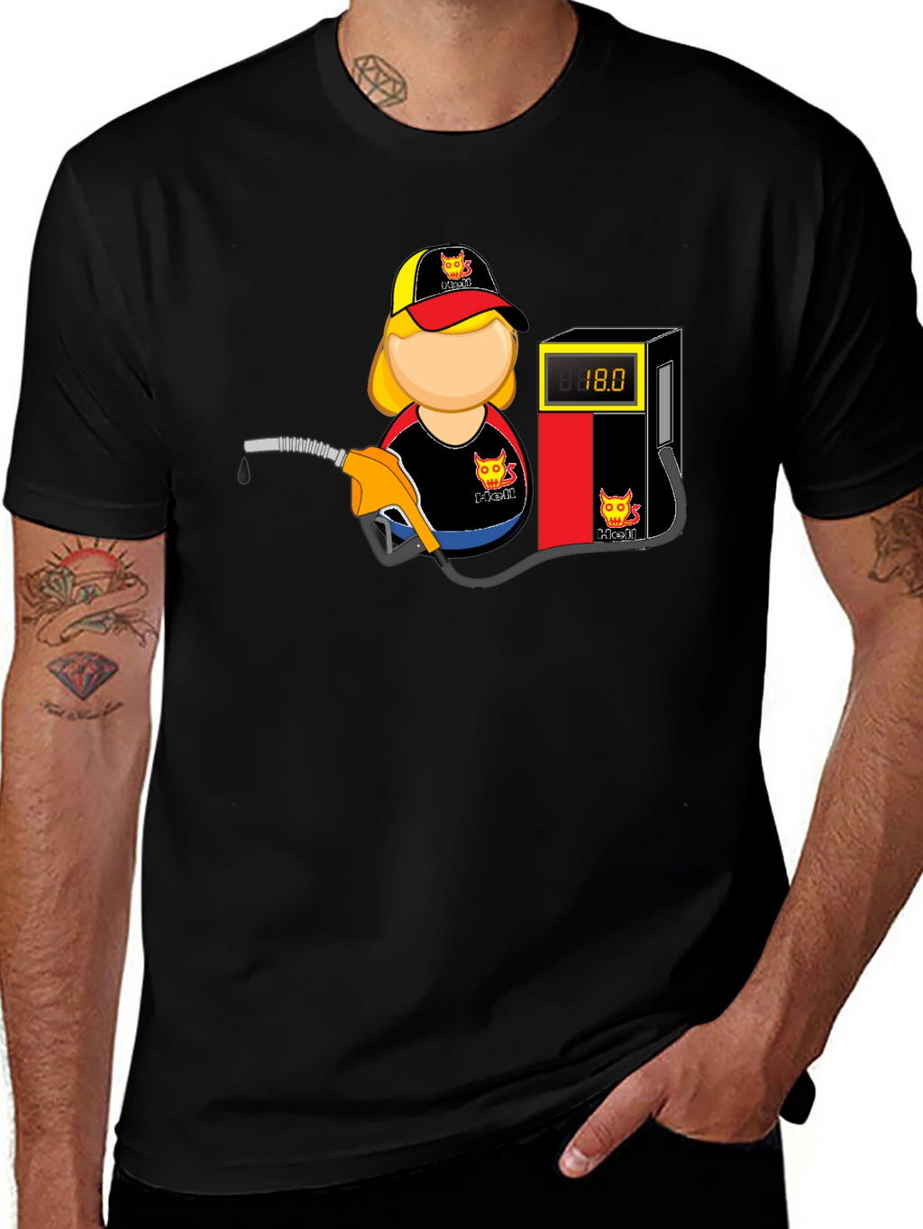 Cartoon Gas Station Attendant Black T-Shirt