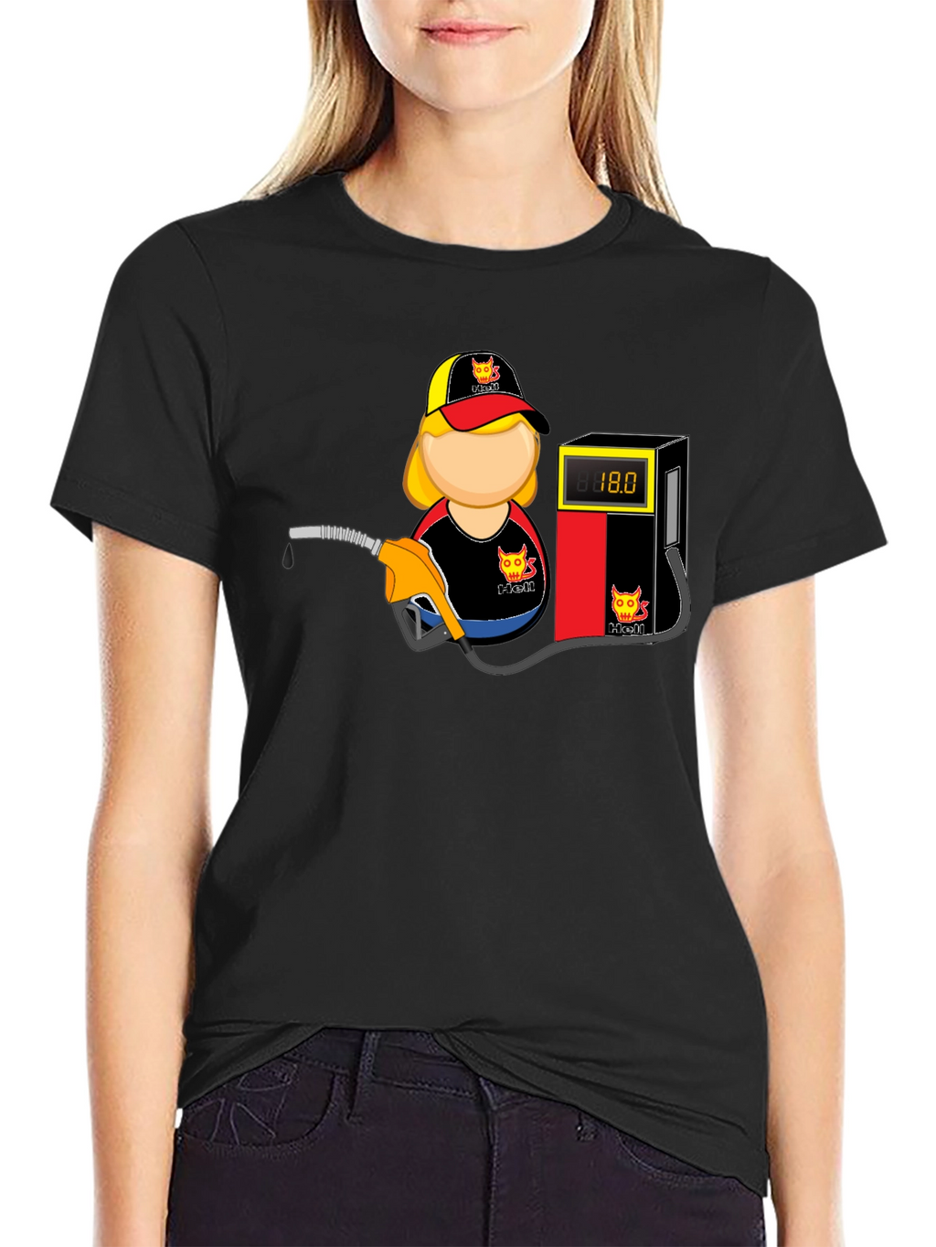 Cartoon Gas Station Attendant Black T-Shirt