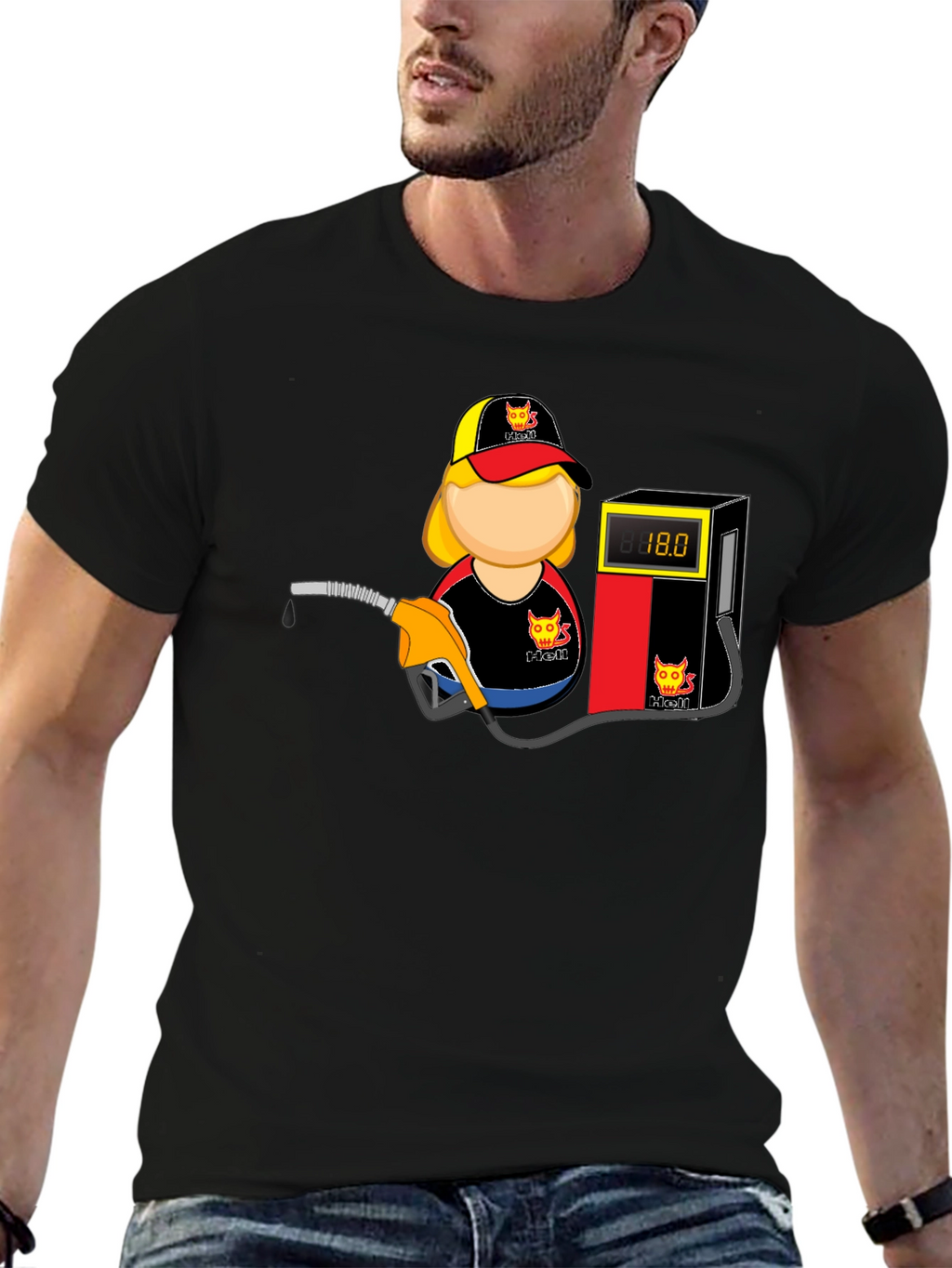 Cartoon Gas Station Attendant Black T-Shirt