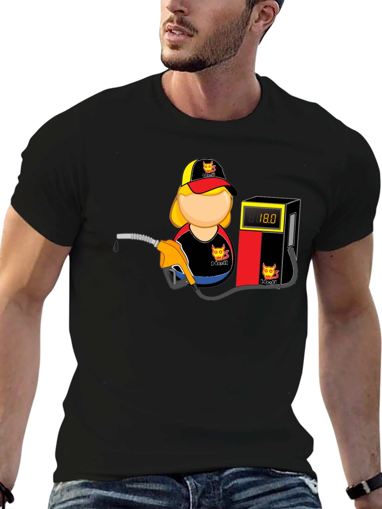 Cartoon Gas Station Attendant Black T-Shirt