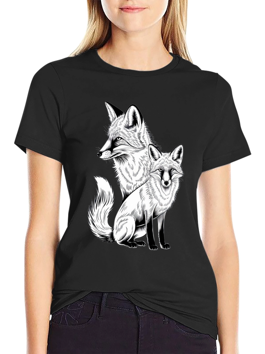Fox Graphic Print Tee - Stylish Black T-Shirt
