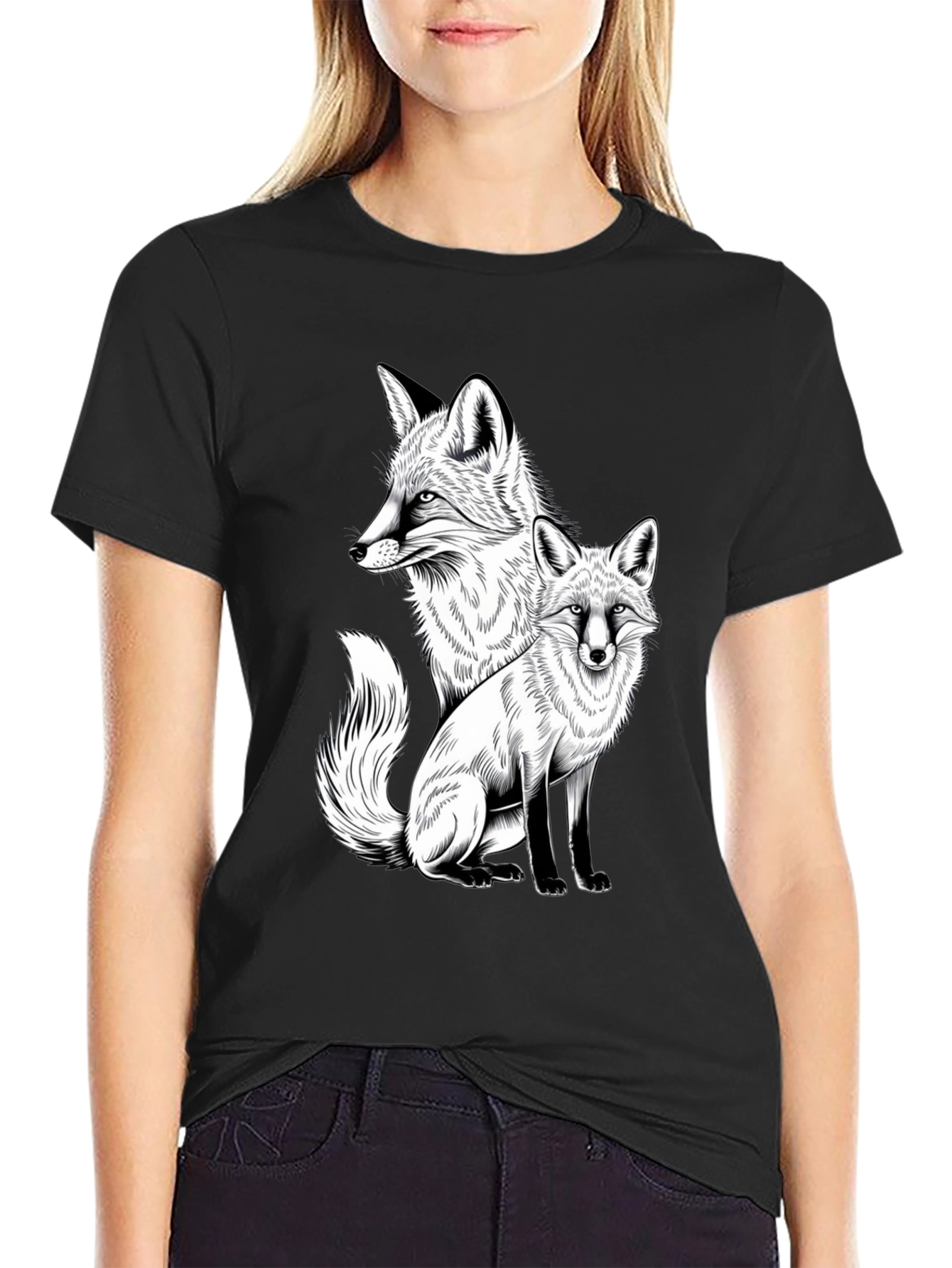 Fox Graphic Print Tee - Stylish Black T-Shirt
