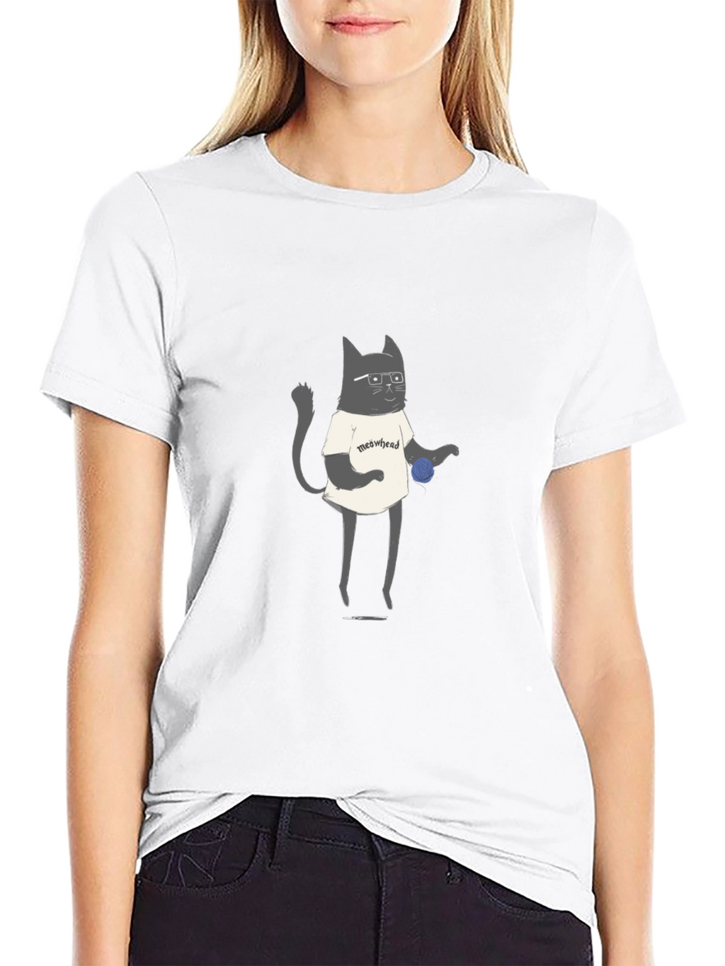 Meowhead Cat Graphic T-Shirt - Black
