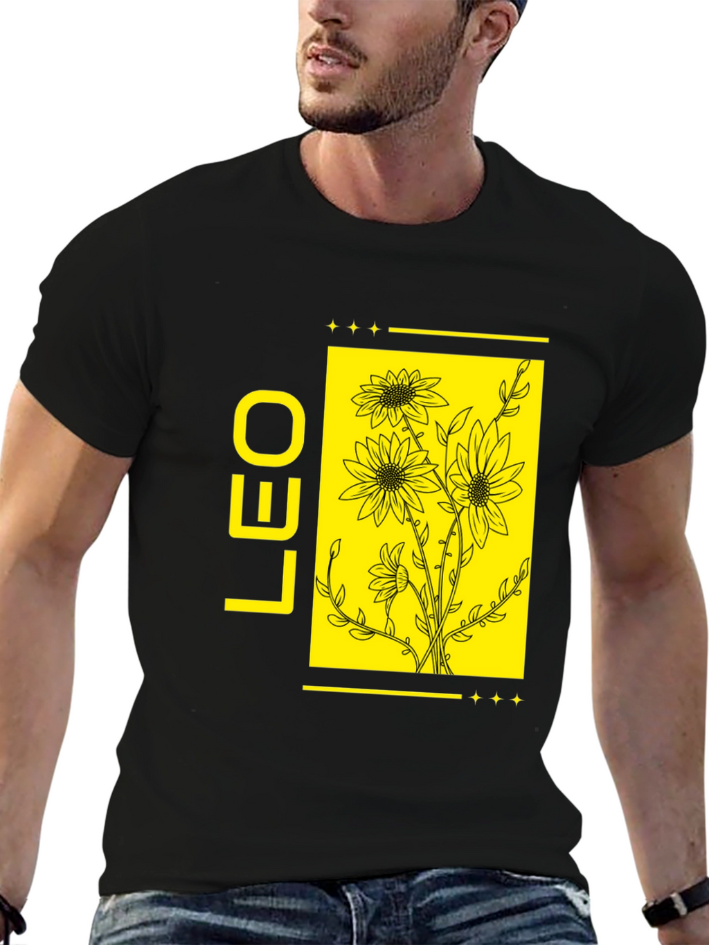 LEO Zodiac Sign Sunflower Graphic Black T-Shirt