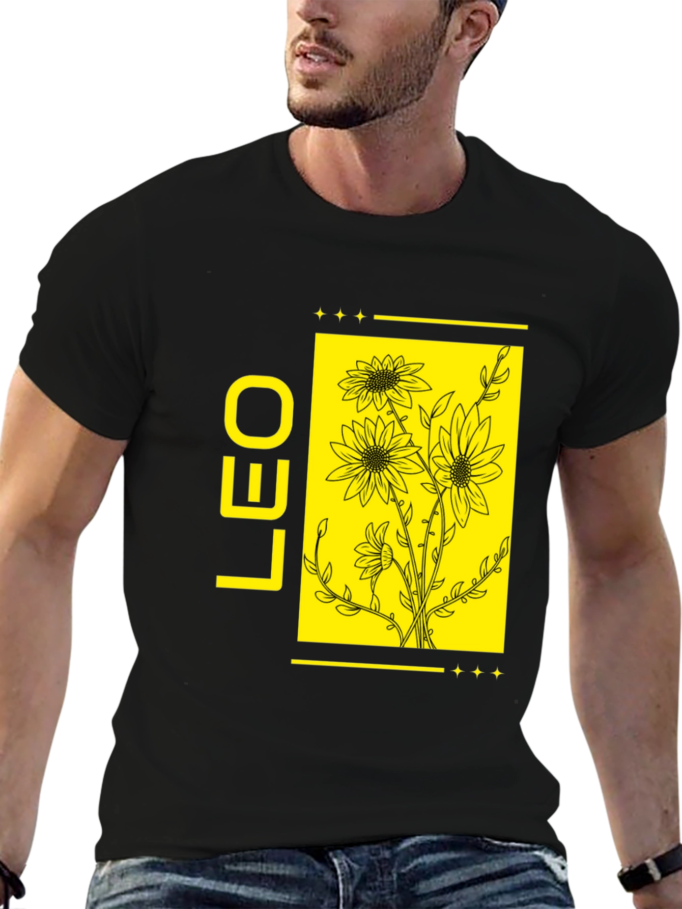 LEO Zodiac Sign Sunflower Graphic Black T-Shirt