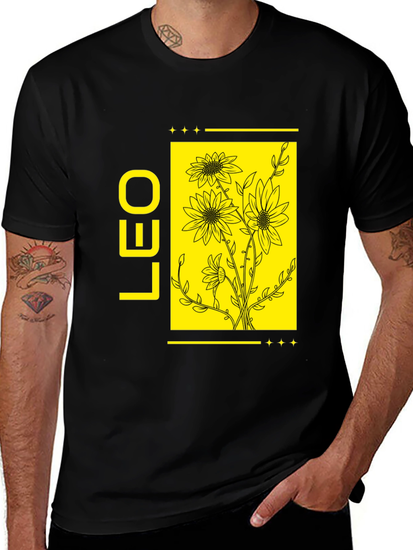 LEO Zodiac Sign Sunflower Graphic Black T-Shirt