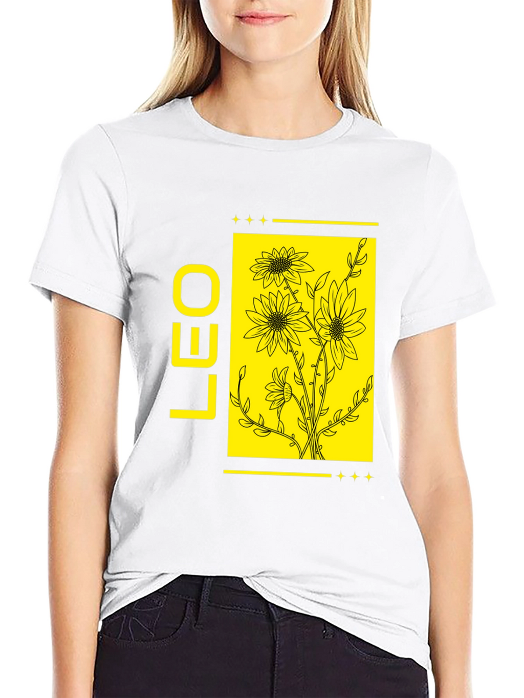 LEO Zodiac Sign Sunflower Graphic Black T-Shirt